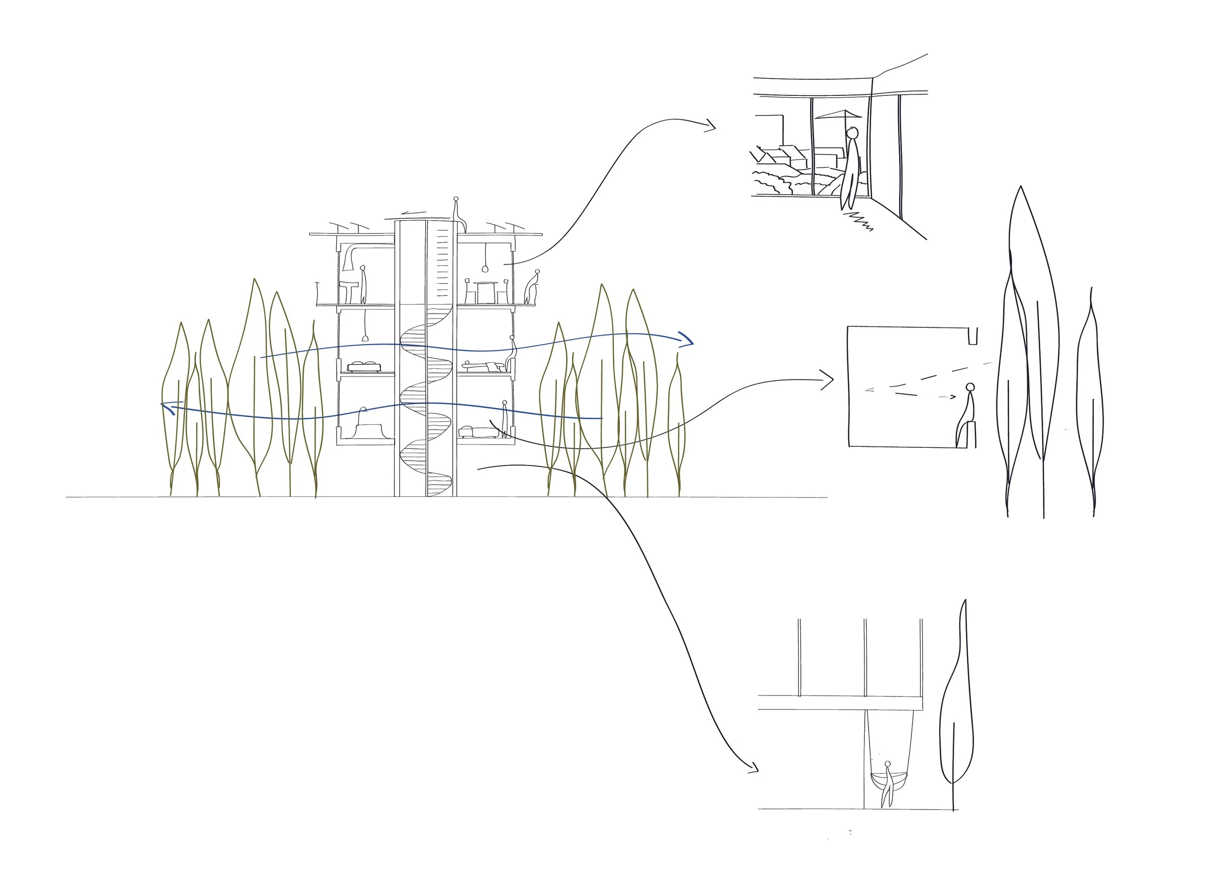 A technical sketch of a multi-story house with interior floor plans, external roof design, and surrounding landscape, showing furniture, stairs, and window details.