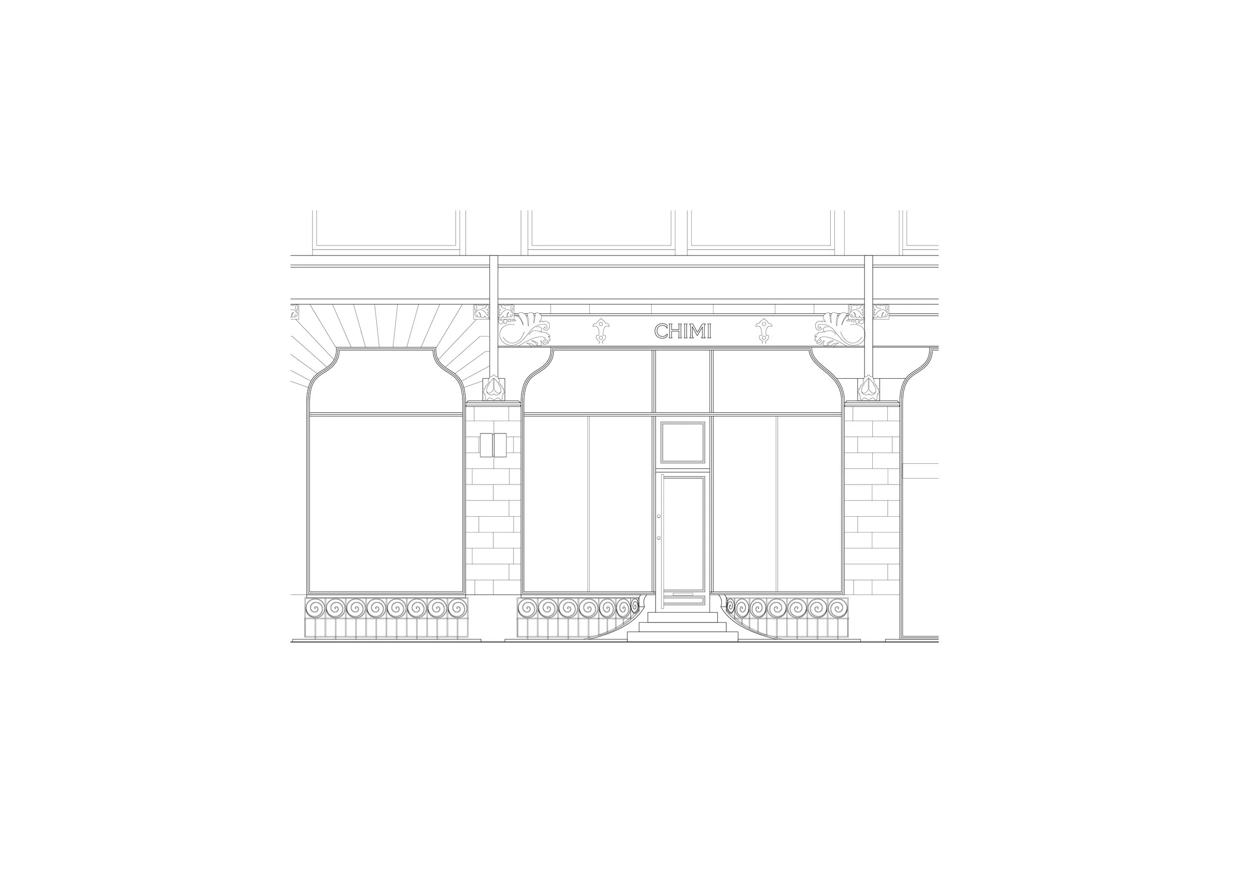 Line drawing of a building storefront with decorative columns and a sign that reads 'CHIMI'.