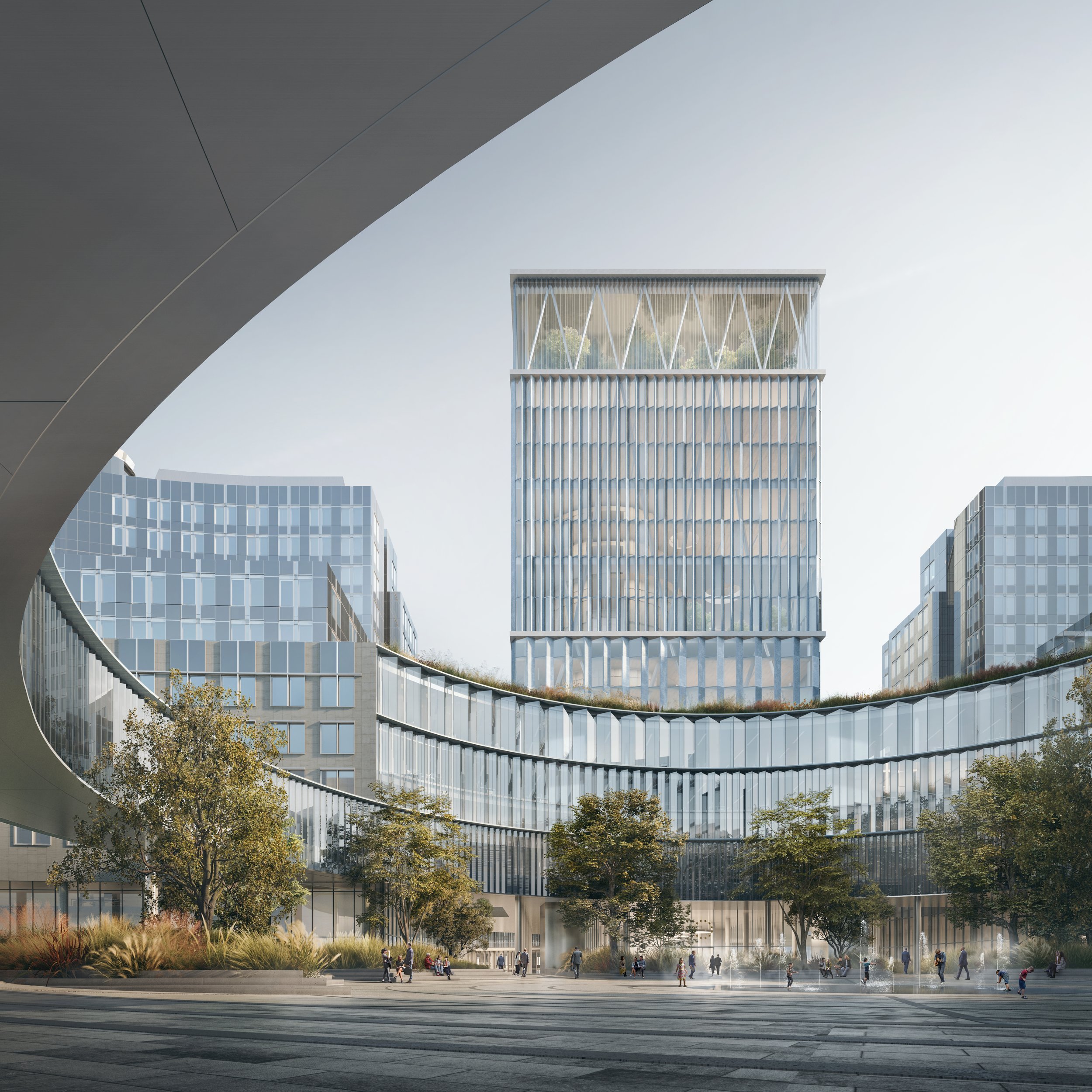 Modern multi-story buildings with glass facades, trees, and people walking in an urban plaza environment.