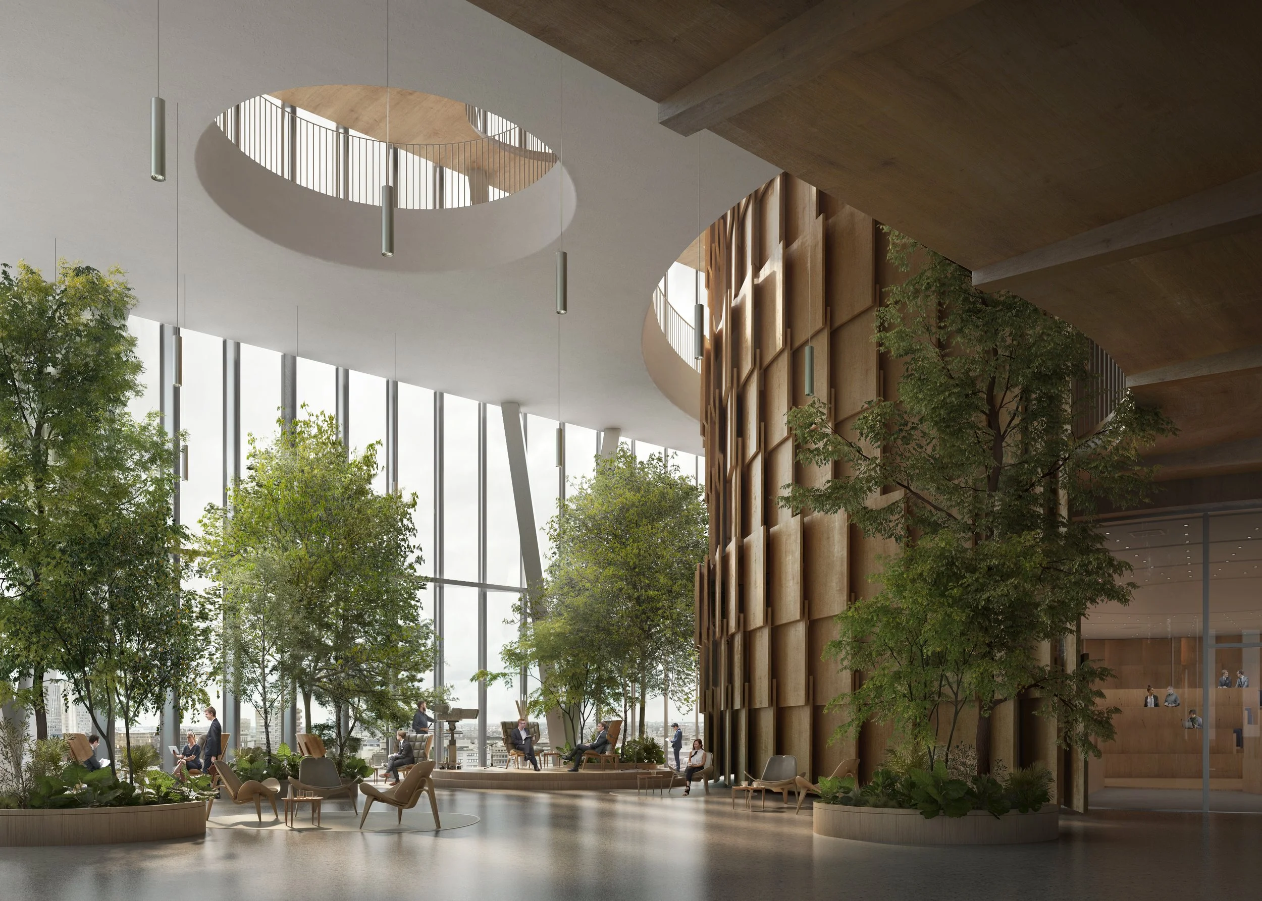 Modern indoor space with high ceilings, large windows, and indoor trees. People are seated and walking, with wooden architectural features and natural lighting.