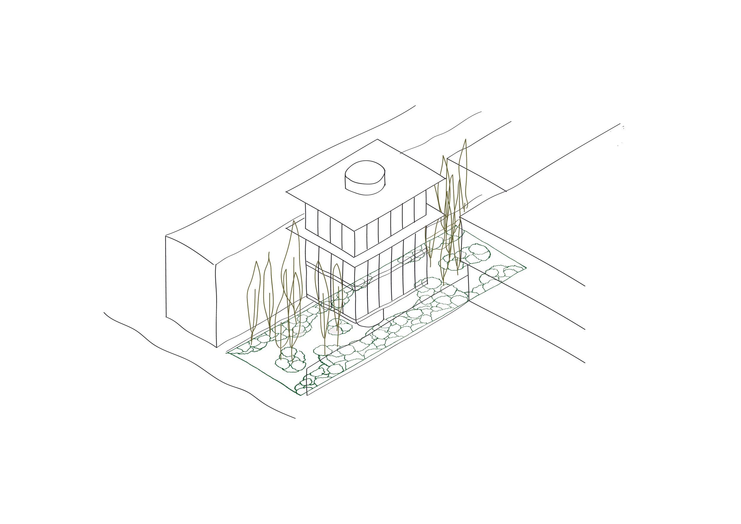Line drawing of a modern house with a flat roof, surrounded by trees and landscaped garden.