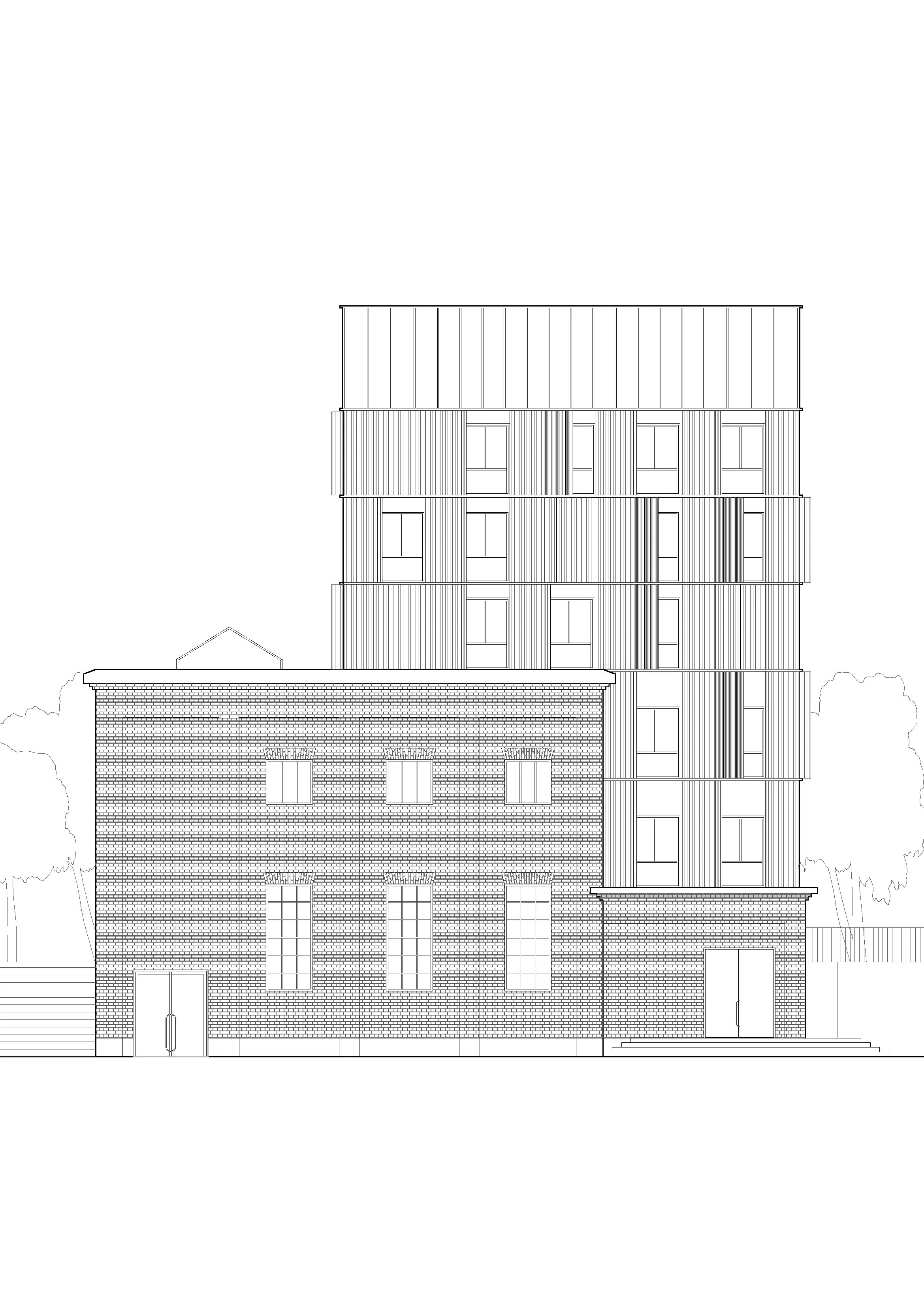 Black and white architectural drawing of a multi-story building with large windows and brick facade, set against a background with trees.