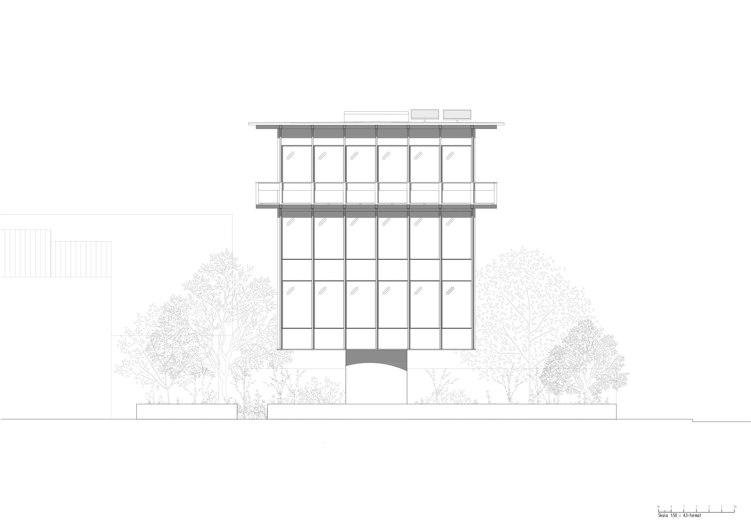 Architectural drawing of a modern multi-story building with large glass windows and a balcony, surrounded by trees.