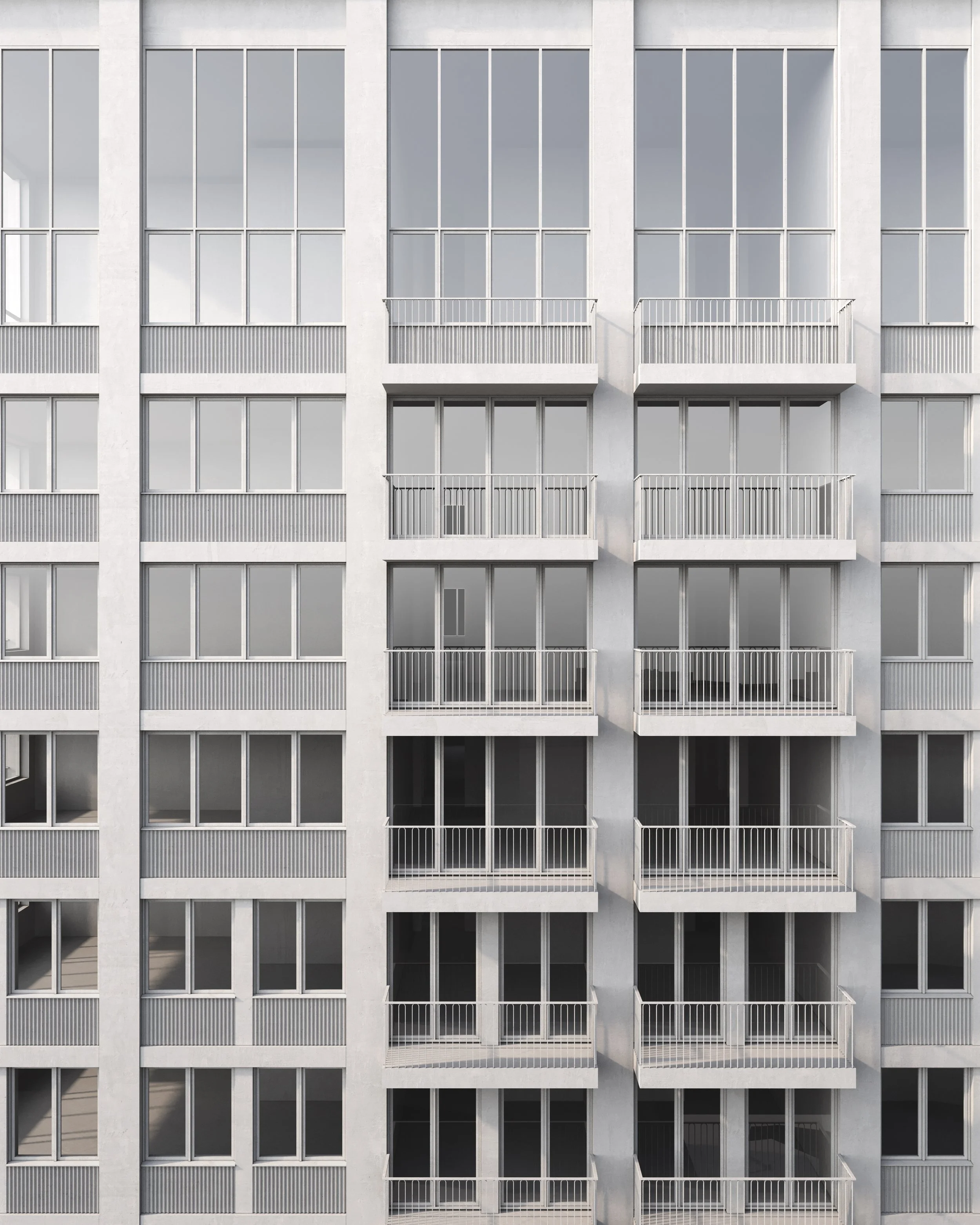 Front view of a multi-story residential building with grid of balconies and large windows. The building's facade is white with balconies having metal railings and sliding glass doors.