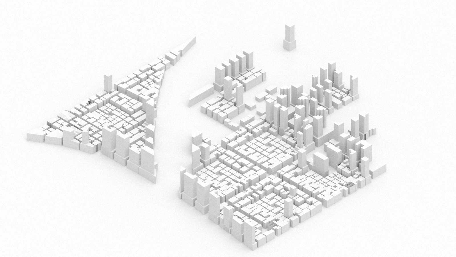A 3D white city model with various skyscrapers and buildings arranged in a grid pattern.