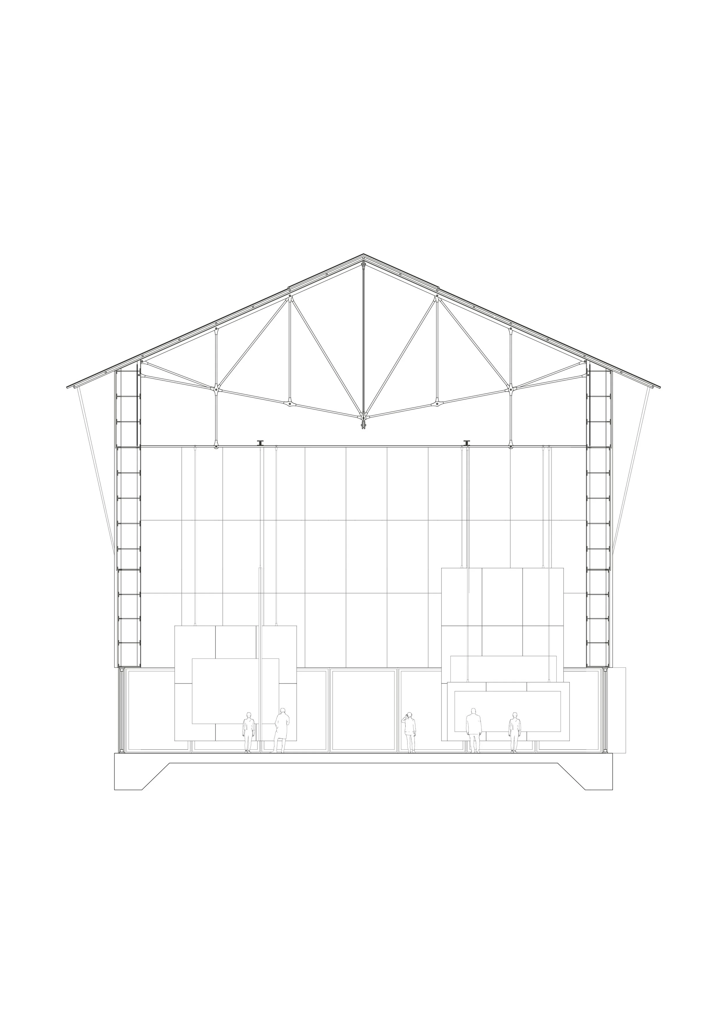 Architectural blueprint of a modern building with multiple levels, large windows, and a distinctive pitched roof. Several people are depicted in the interior and exterior spaces.