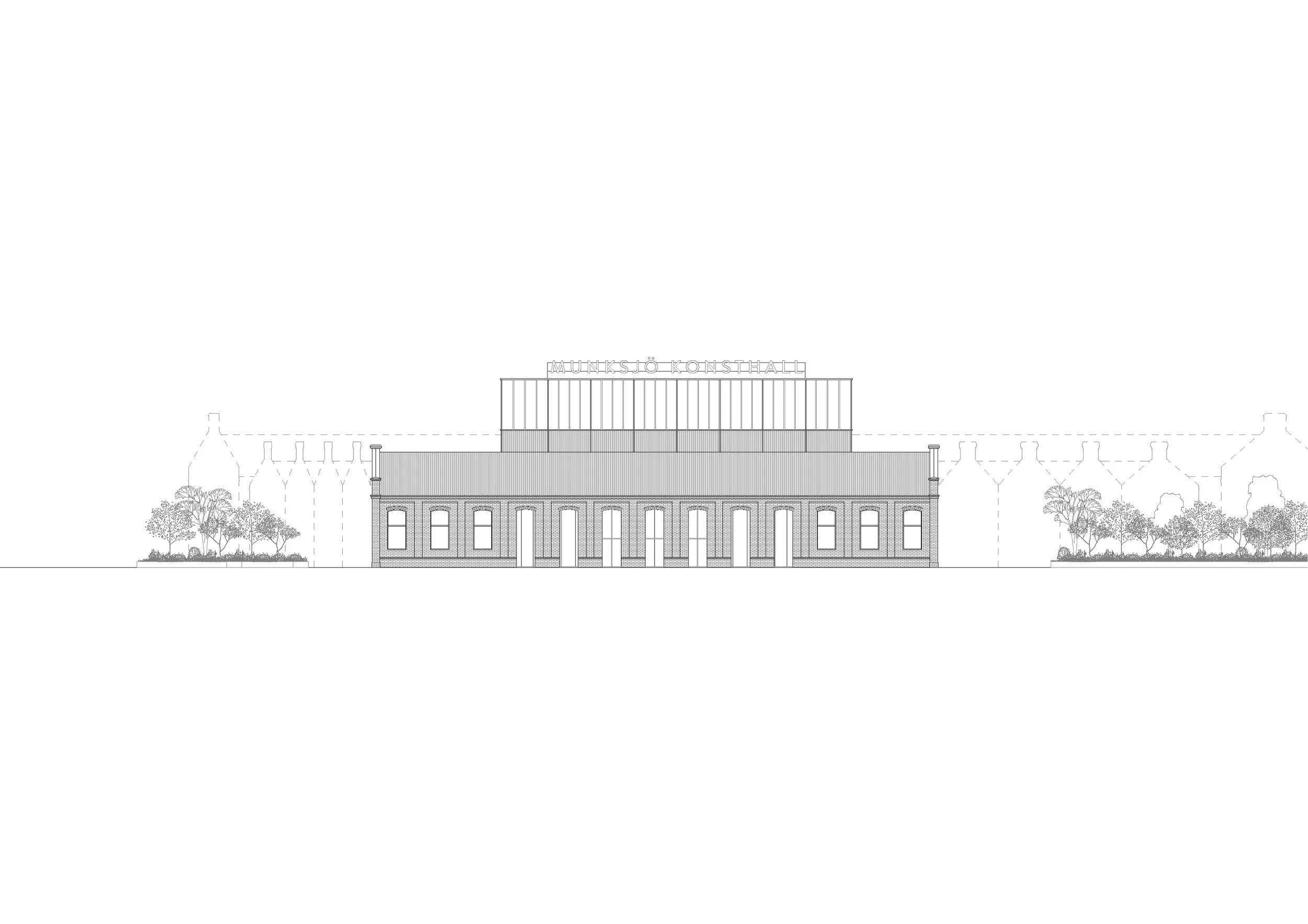 A building with a sign that reads 'Munksjö Konsthall', surrounded by trees and vegetation, with architectural drawings or plans in the background.
