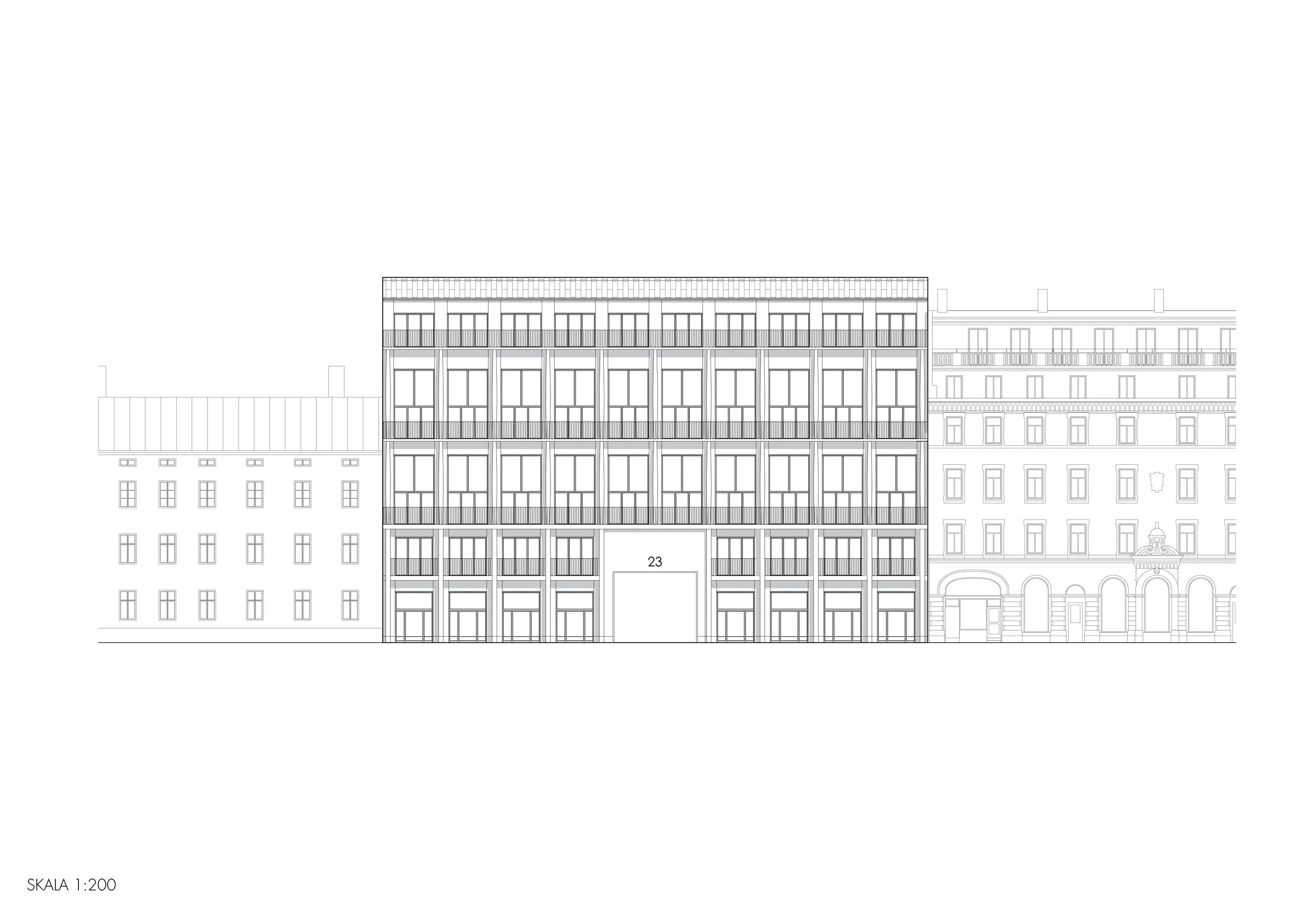 Line drawing of a multi-story building with large windows and balconies, with other buildings partially visible on either side.