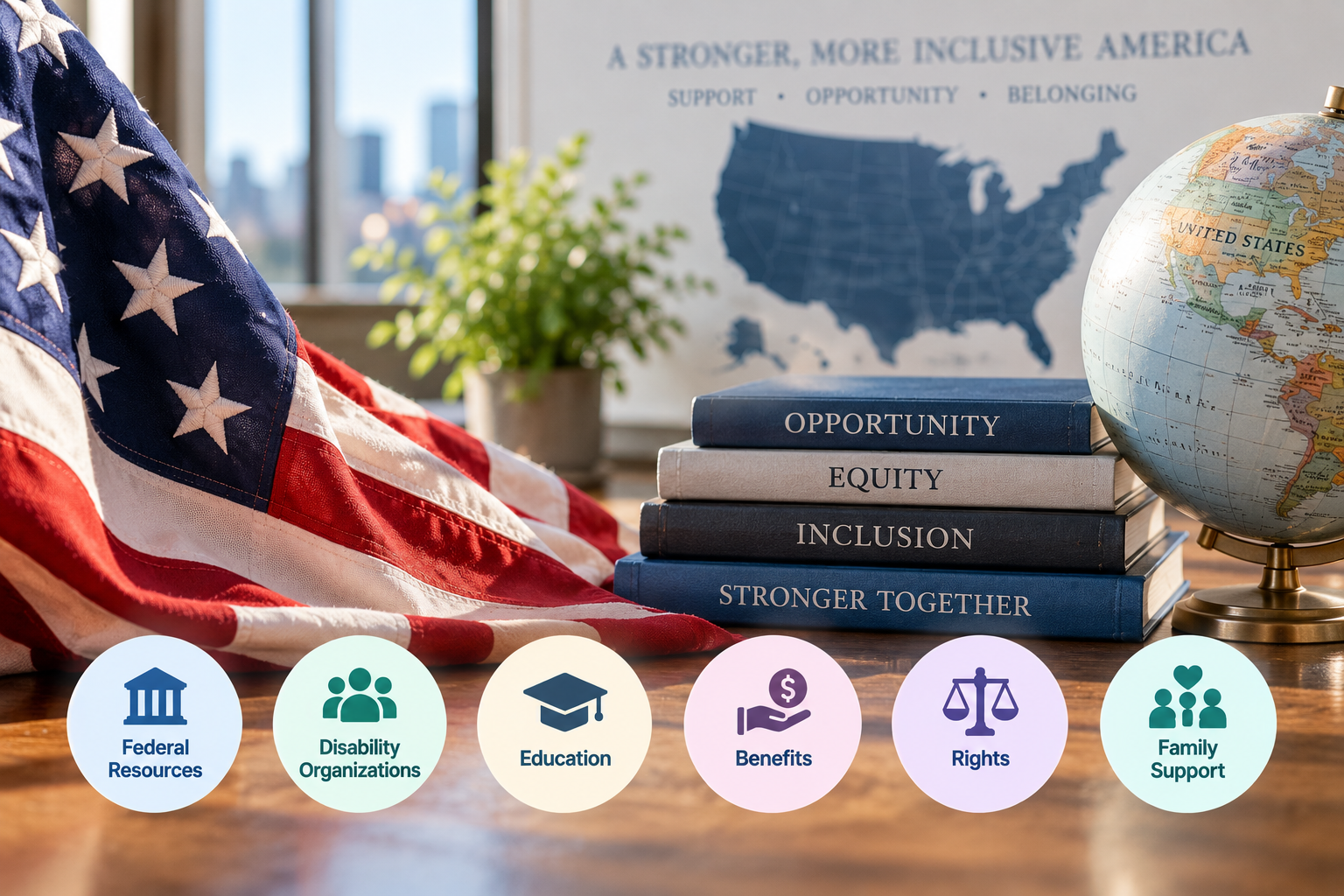A table with an American flag, a stack of books titled 'Opportunity,' 'Equity,' 'Inclusion,' and 'Stronger Together,' a globe, a map of the United States in the background, and icons with labels for federal resources, disability organizations, education, benefits, rights, and family support.