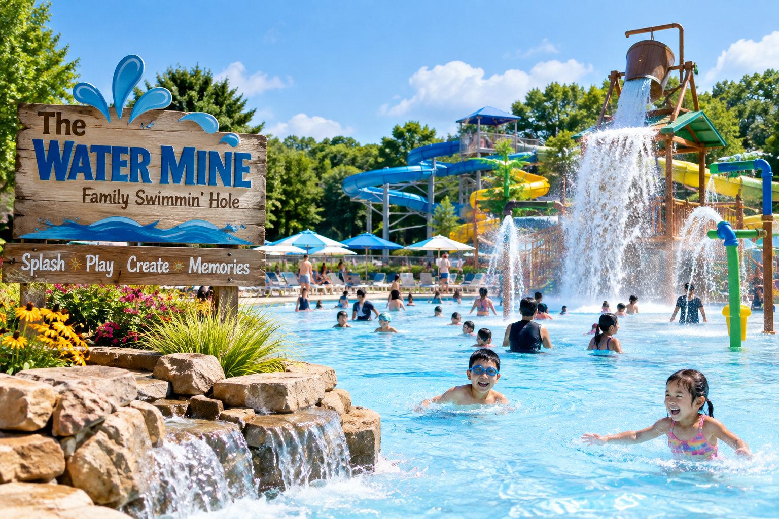 Children and families enjoying a water park with multiple water slides and a splash zone on a sunny day.