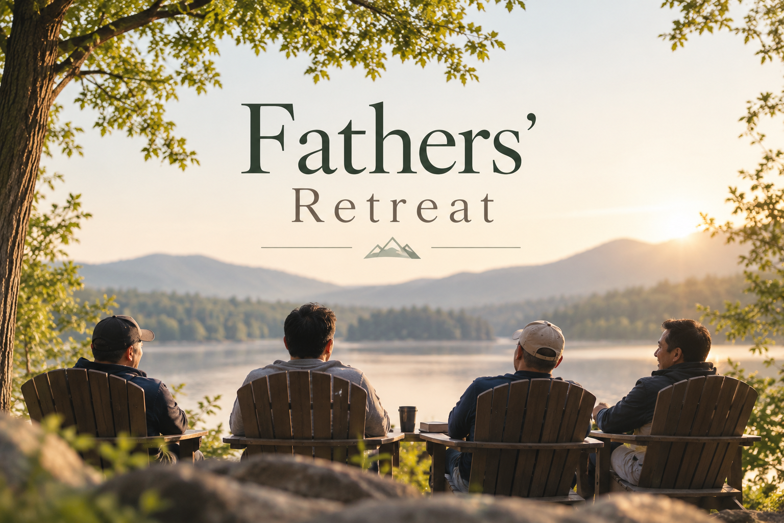 Four men sitting on wooden chairs by a lake with mountains in the background, watching the sunset during a Father's retreat.