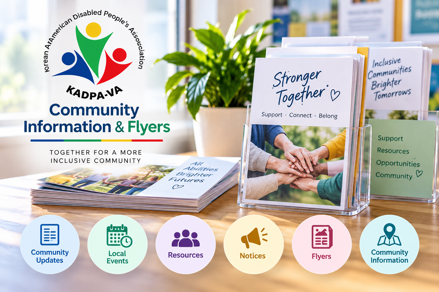 A display of community flyers and brochures from the Korean American Disabled People's Association (KADPA-VA), with a logo featuring three stylized figures in blue, green, and red, holding hands. A plant is in the background, and the flyers include messages such as 'Stronger Together,' 'Inclusive Communities Brighter Tomorrows,' and 'Support Resources Opportunities Community.' Circular icons at the bottom include labels: Community Updates, Local Events, Resources, Notices, Flyers, and Community Information.