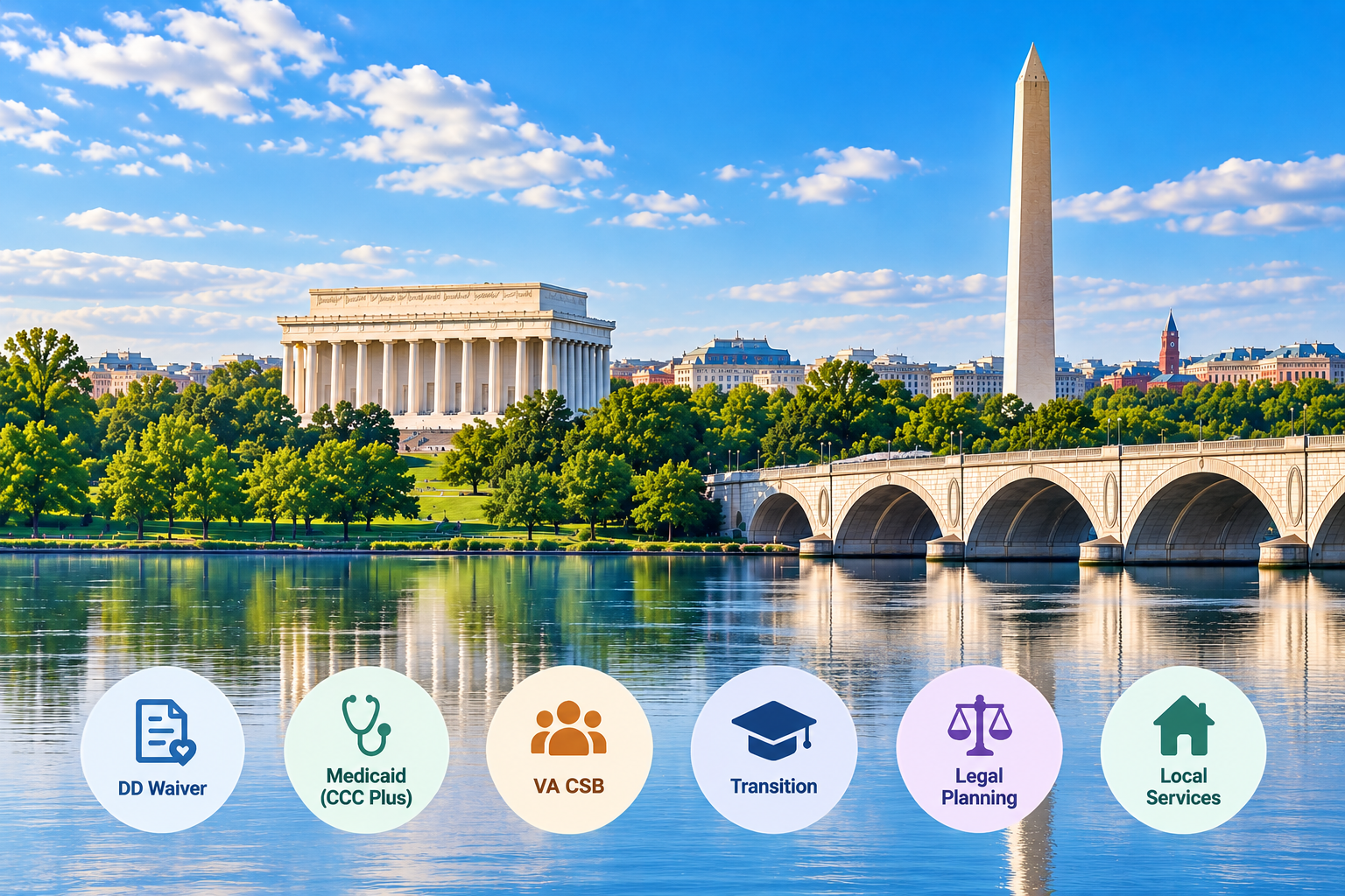Washington D.C. skyline with the Lincoln Memorial, Washington Monument, and bridge over a body of water, with trees and buildings in the background. There are six circular icons with labels at the bottom: DD Waiver, Medicaid (CCC Plus), VA CSB, Transition, Legal Planning, and Local Services.
