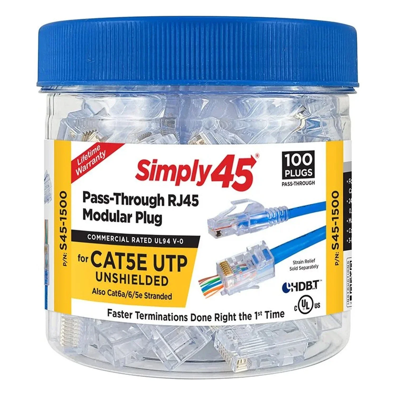 Cat5 Unshielded Pass-Through RJ45 Modular Plugs (Jar of 100)