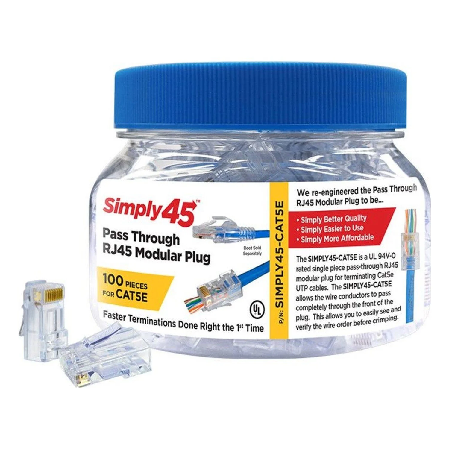 Cat5 Unshielded Pass-Through RJ45 Modular Plugs (Jar of 100) — product view 6