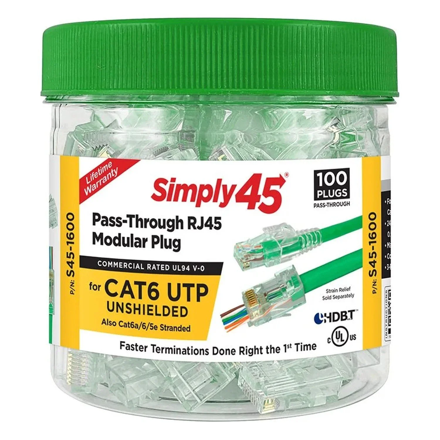 Cat6 Unshielded Pass-Through RJ45 Modular Plugs (Jar of 100)