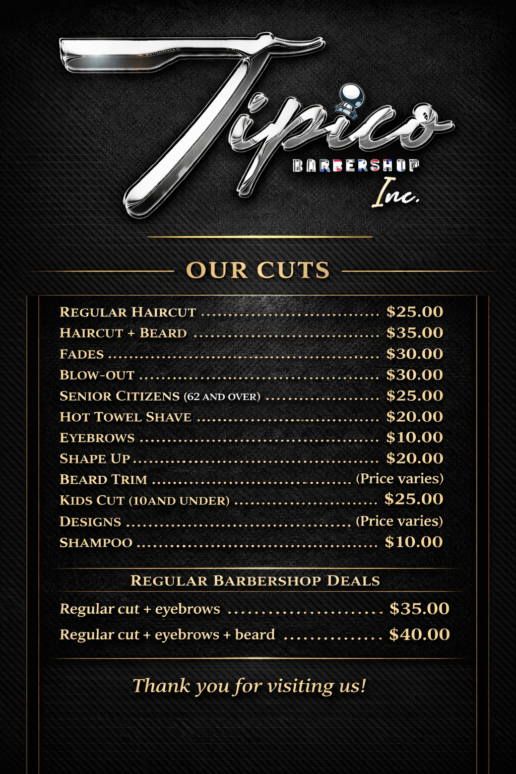 Barbershop menu board with list of haircuts and prices on a black background.
