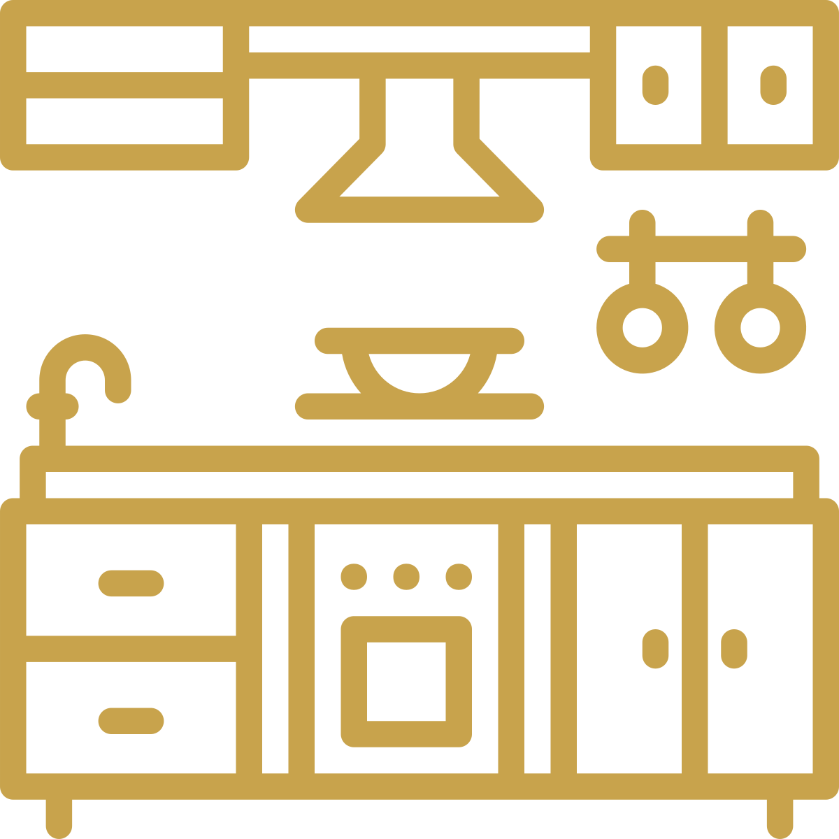 Gold-colored line drawing of a kitchen with cabinets, stove, sink, hanging utensils, shelves, and a bowl on the countertop.