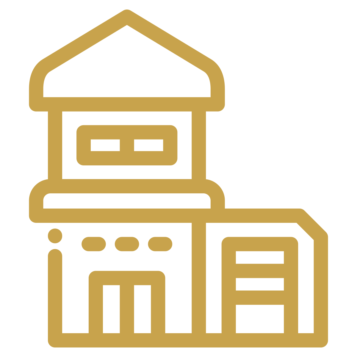 Gold outline of a vending machine with a gabled roof