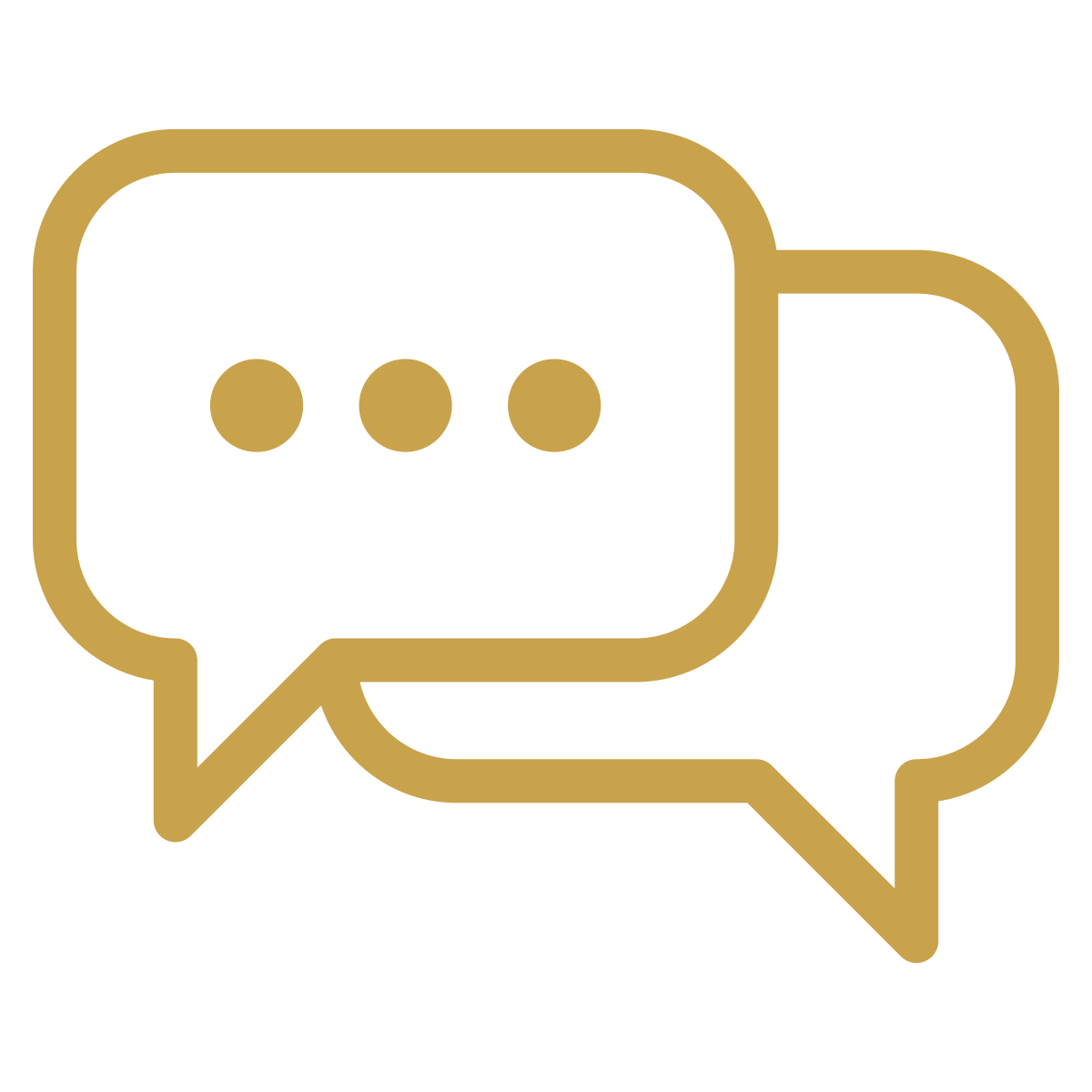 Two overlapping chat bubble icons outlined in gold, with the front bubble containing three dots.
