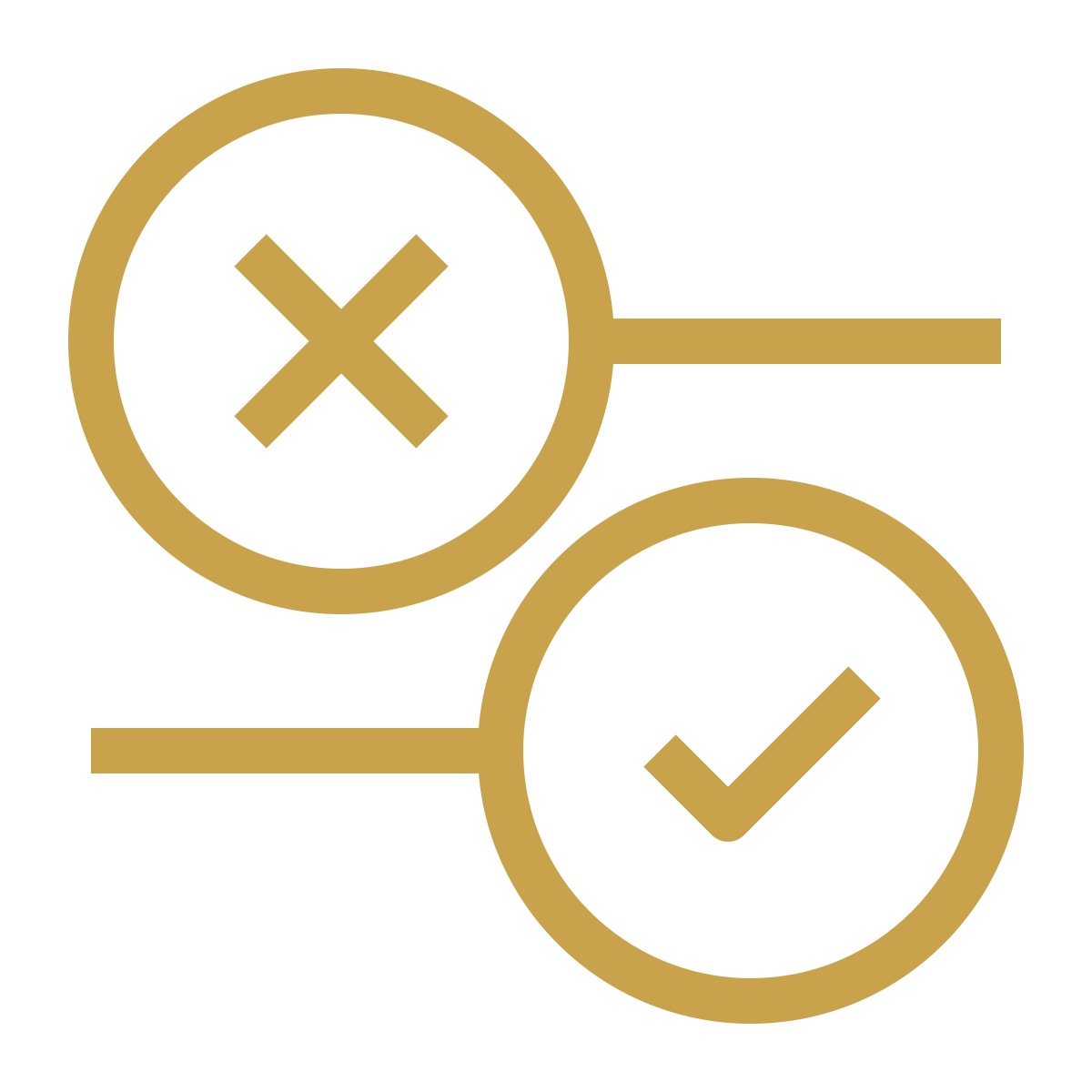 Icon showing two circles connected by horizontal and vertical lines, one with an 'X' and the other with a check mark, representing a decision or validation process.