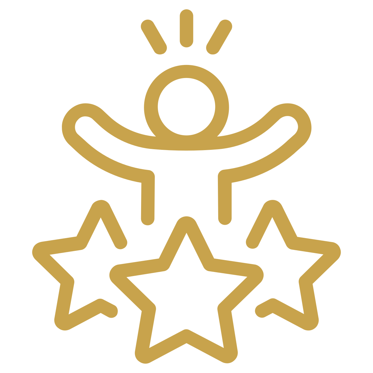 Gold line drawing of a person with arms raised, surrounded by three stars, with lines above the head indicating excitement or celebration.