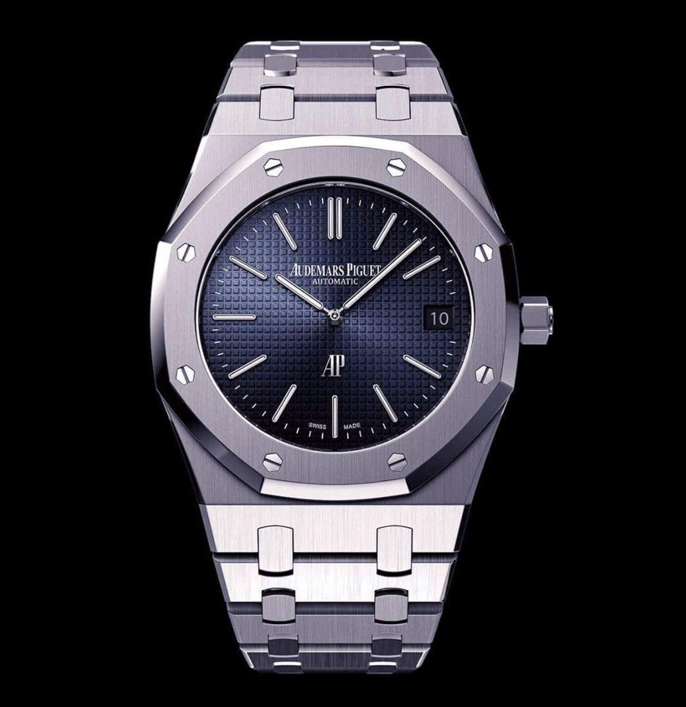A luxury Audemars Piguet wristwatch with a stainless steel band and a dark blue textured dial showing the time and date.