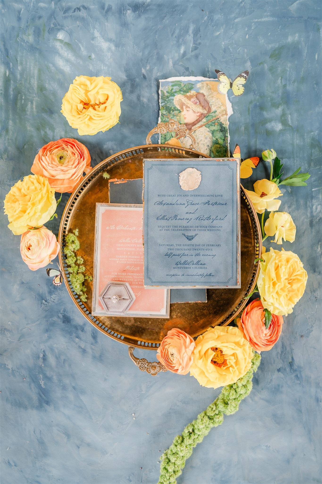 Flat lay wedding photography Johanna Oakes Flowers and invitations