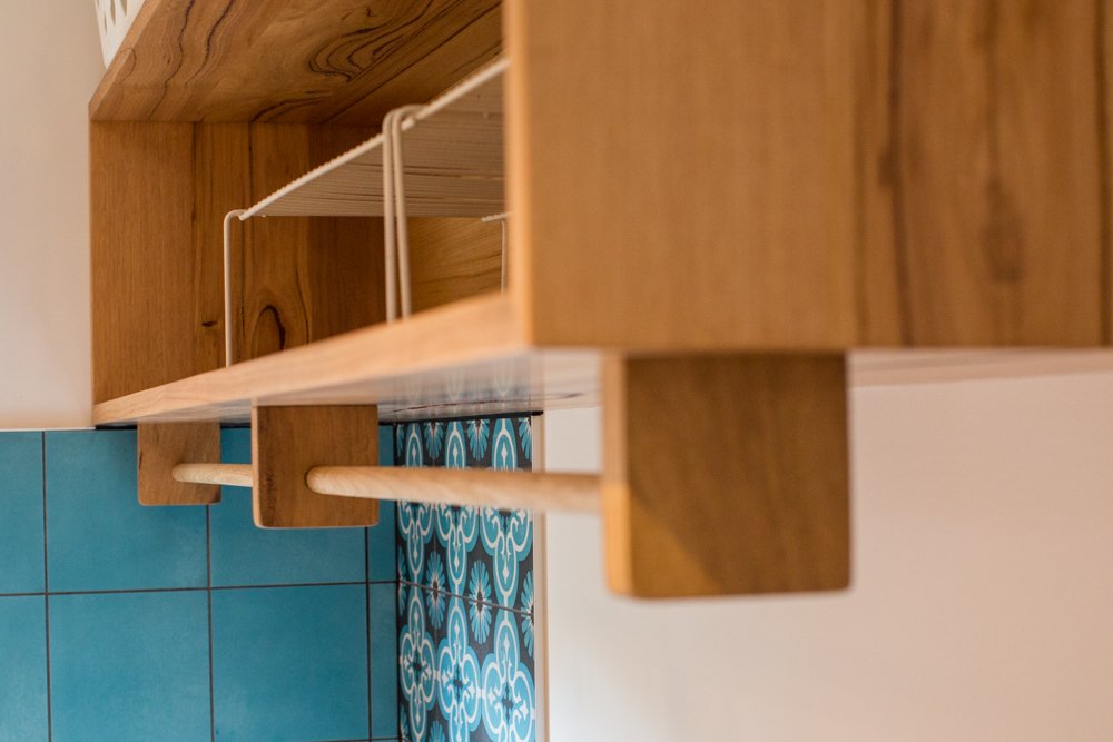 Functional yet beautiful storage and hanging space for the laundry. This piece was crafted from recycled Messmate timber.