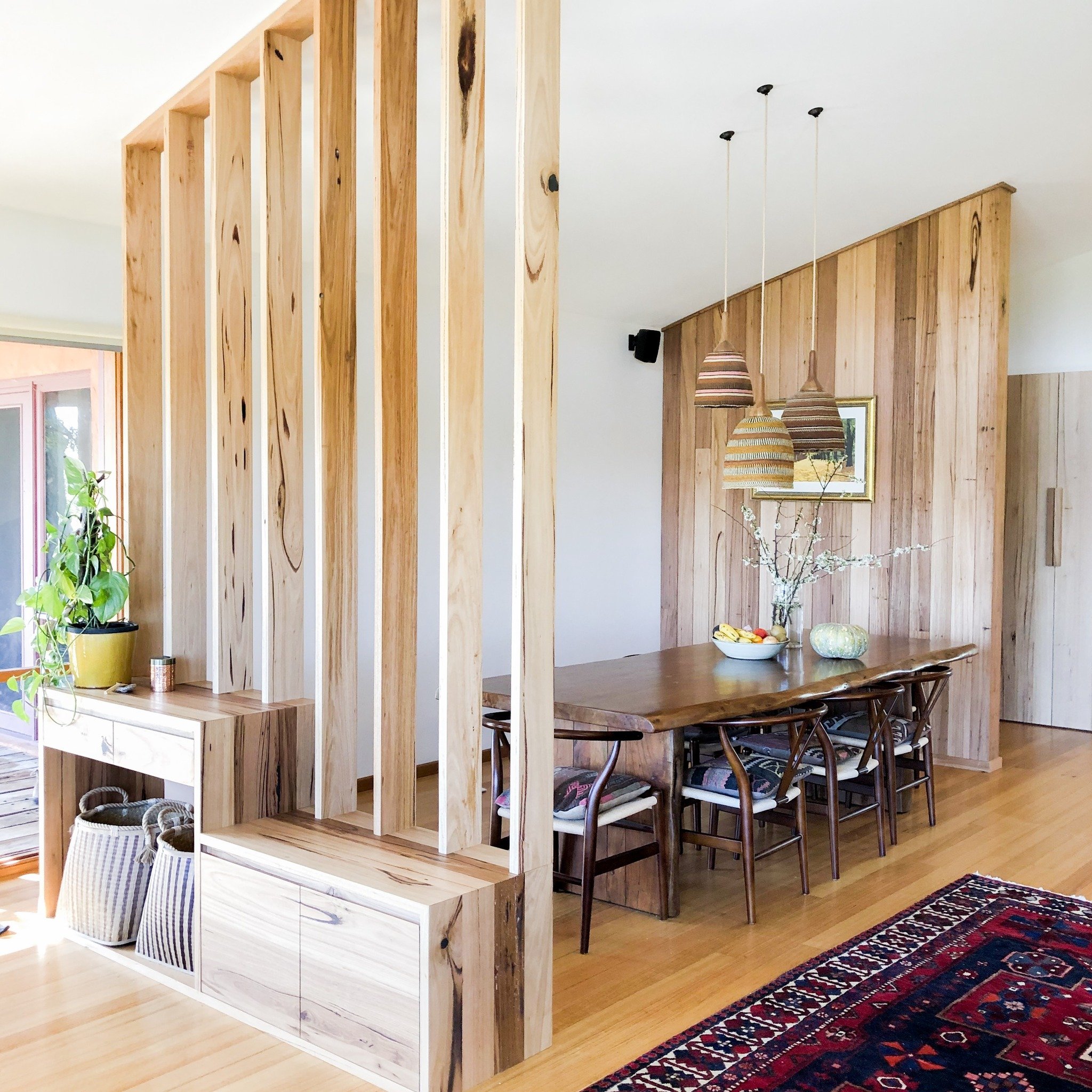 This custom entrance joinery was designed by our client as both functional storage at the front door whilst creating a sense of intimacy in the dining space. #diningroom