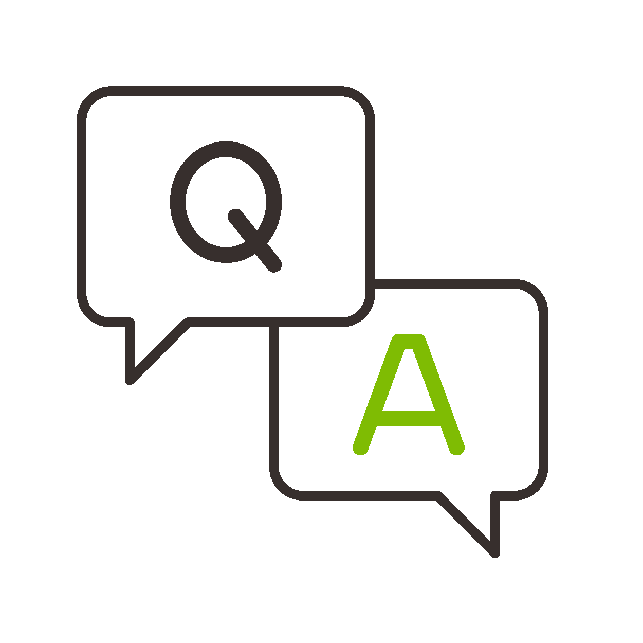 Speech bubbles with a question mark and a letter A, representing language or translation services.