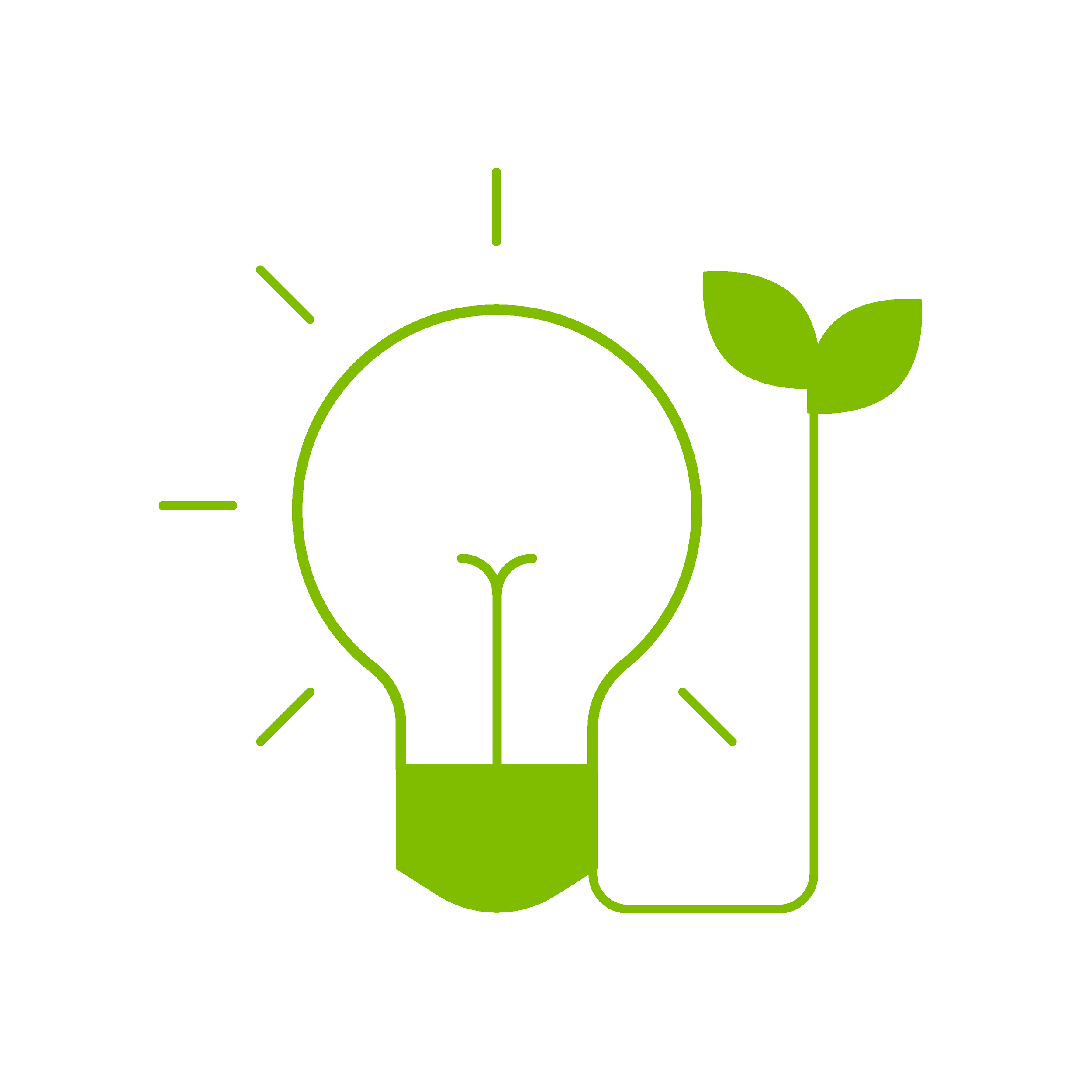 A green outline of a light bulb with a leaf growing from the base, symbolizing eco-friendly or green energy.