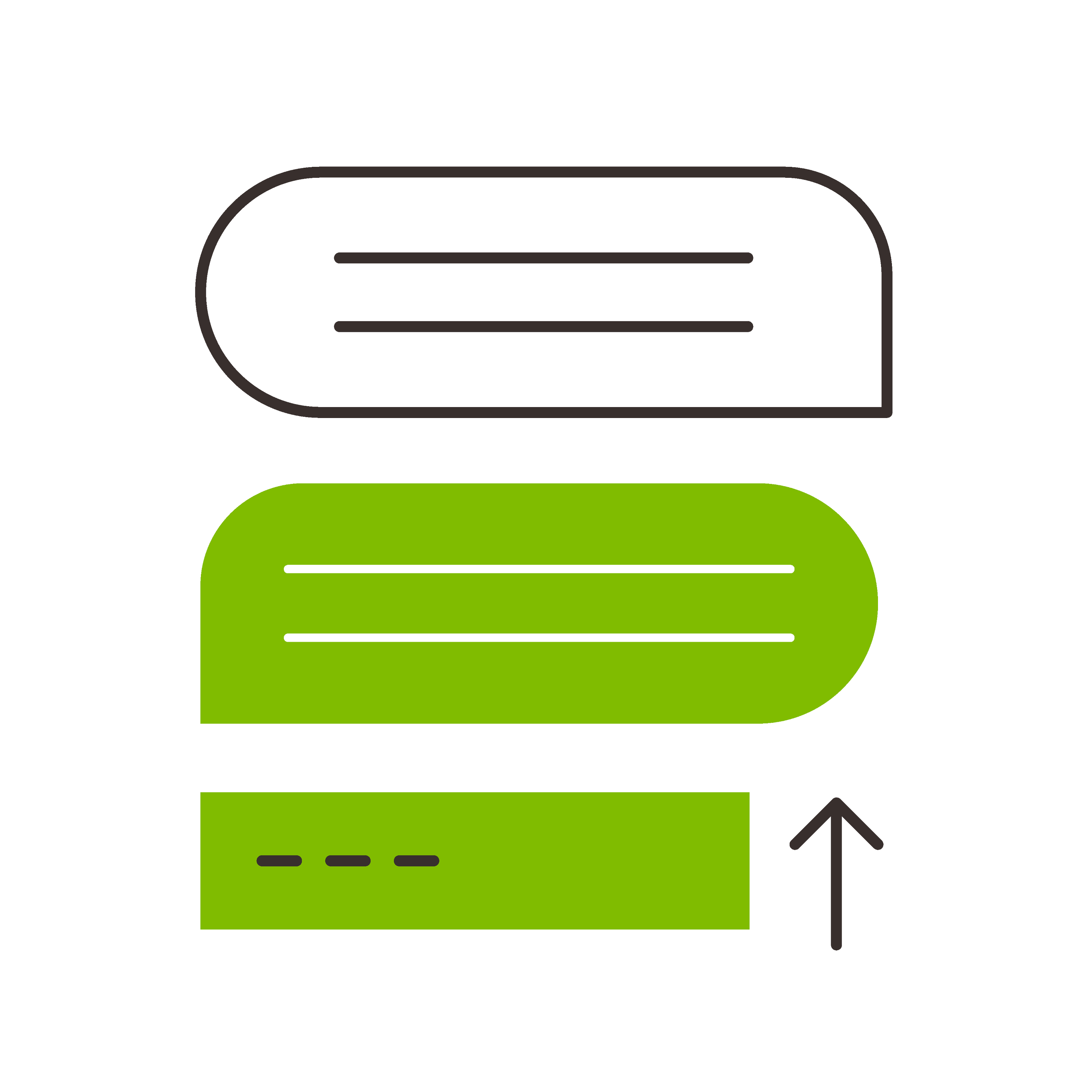 Diagram showing a process with three steps. The first step is a black rectangle with rounded edges, containing two horizontal lines. The second step is a green rounded rectangle with two white horizontal lines. The third step is a smaller green rectangle with a dashed line inside and an arrow pointing upward beside it.