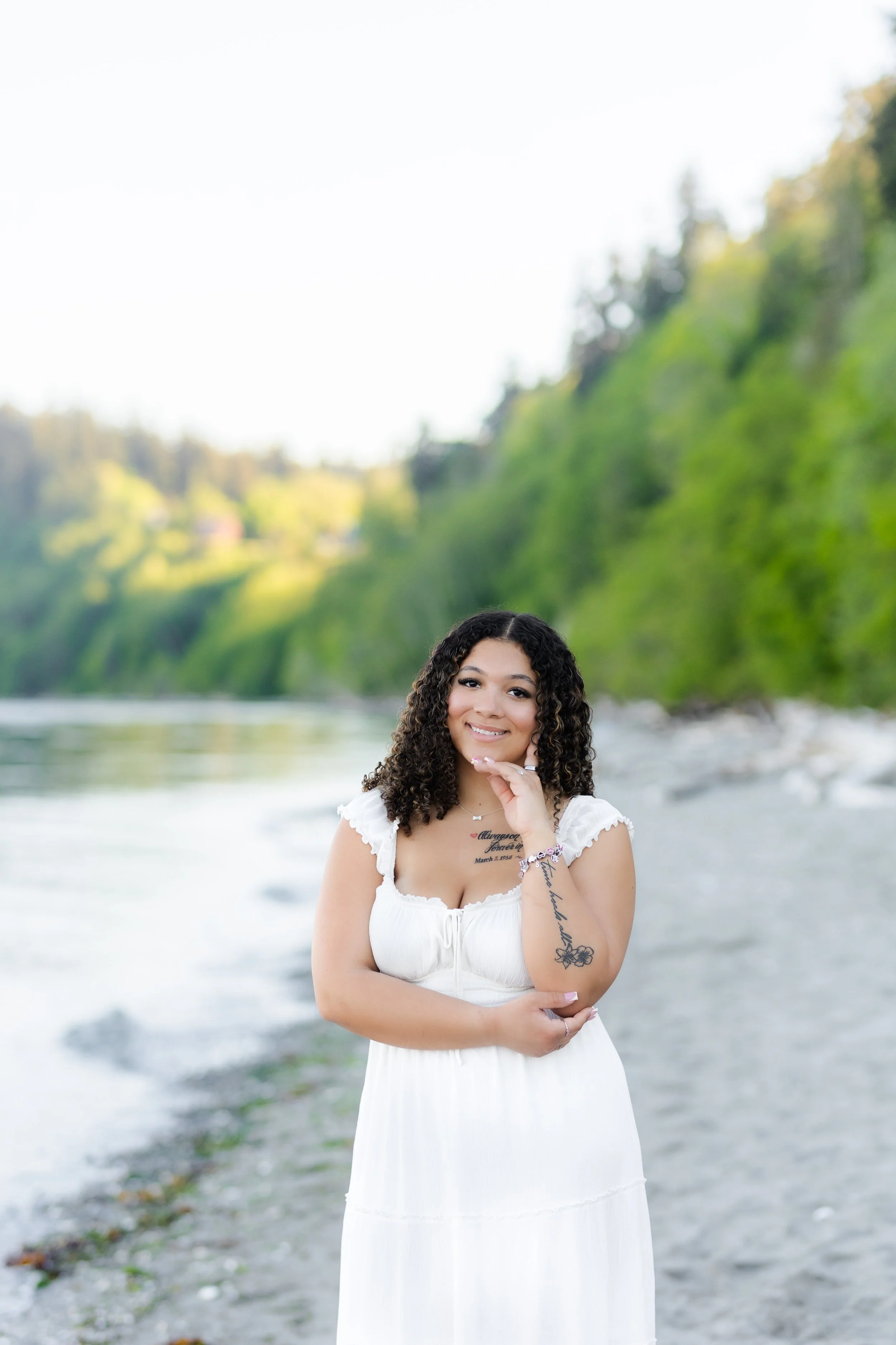 Tacoma senior picture of girl on the beach in a white dress in Washington
