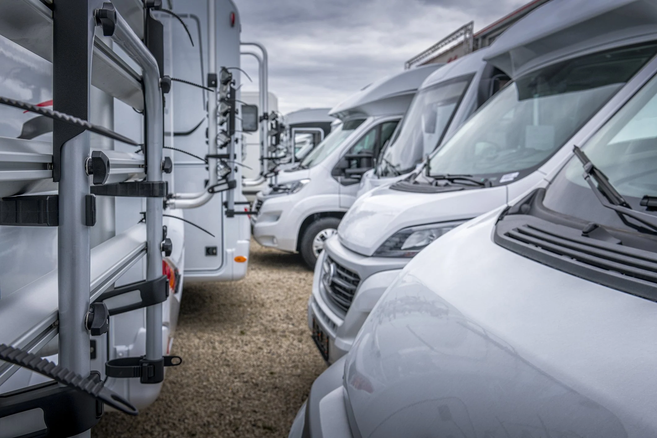 RVs in a dealer parking lot