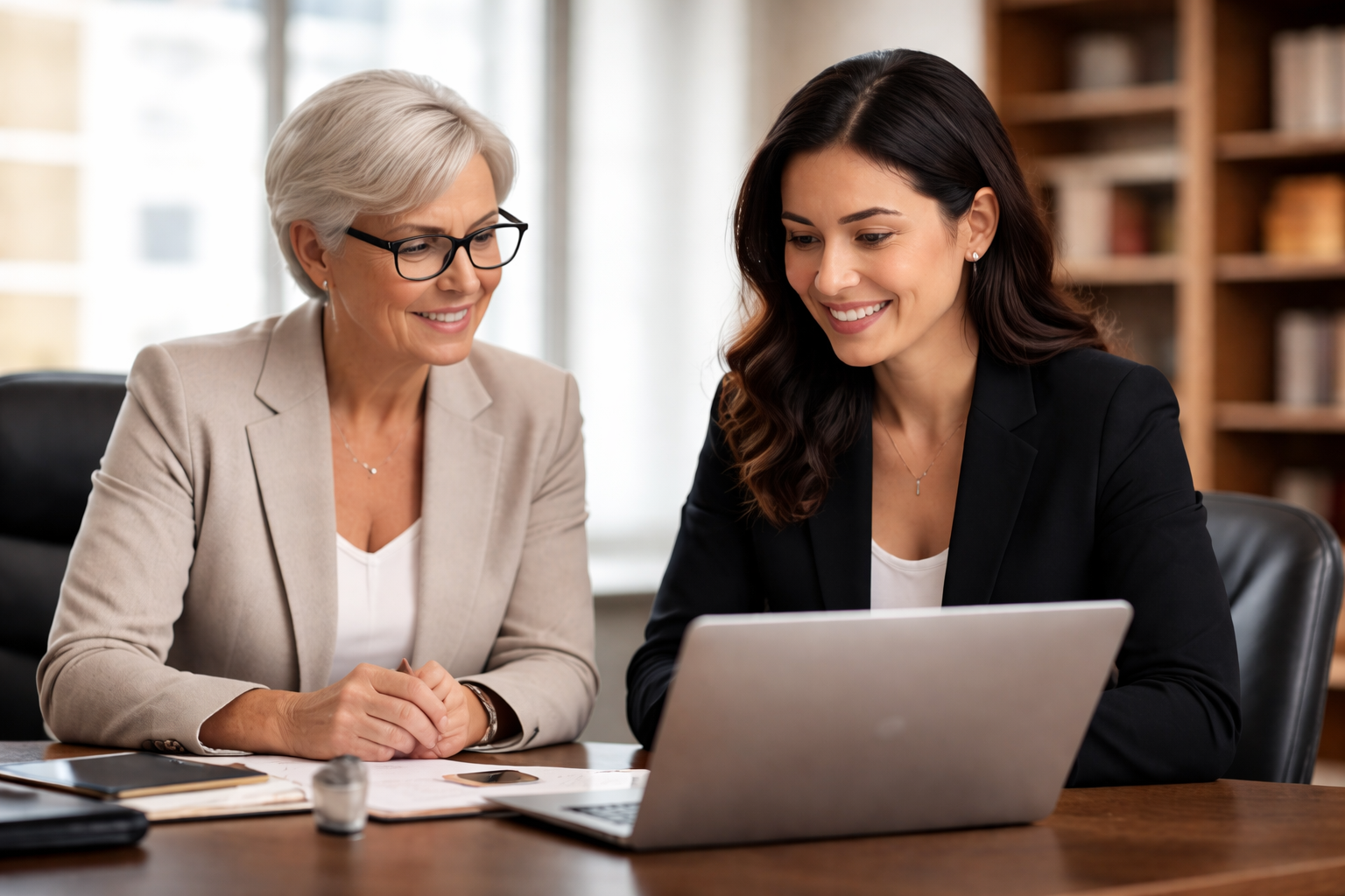 Three people sitting at a large white conference table with computers and documents in a modern office.