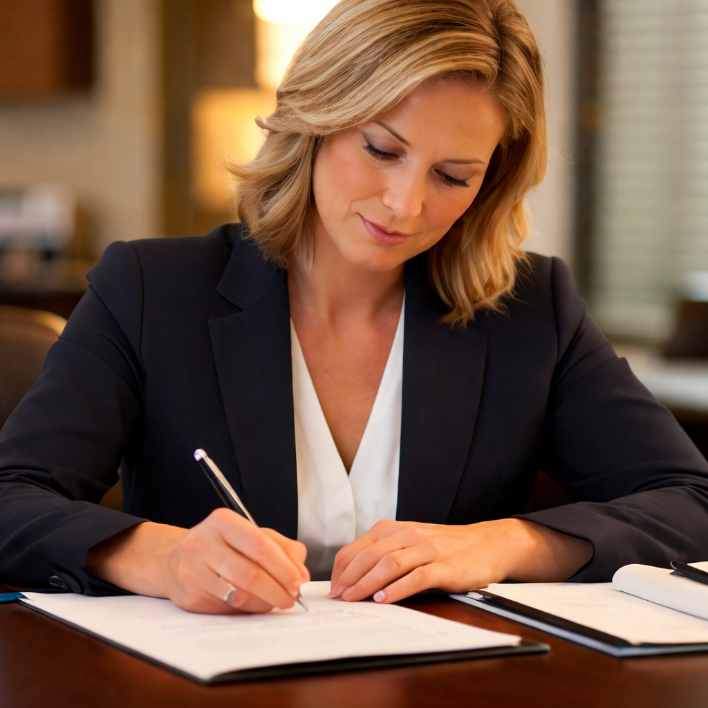 A woman dressed in professional attire is speaking to a group of three young adults, who are listening attentively, in a modern office setting with large windows and desks.