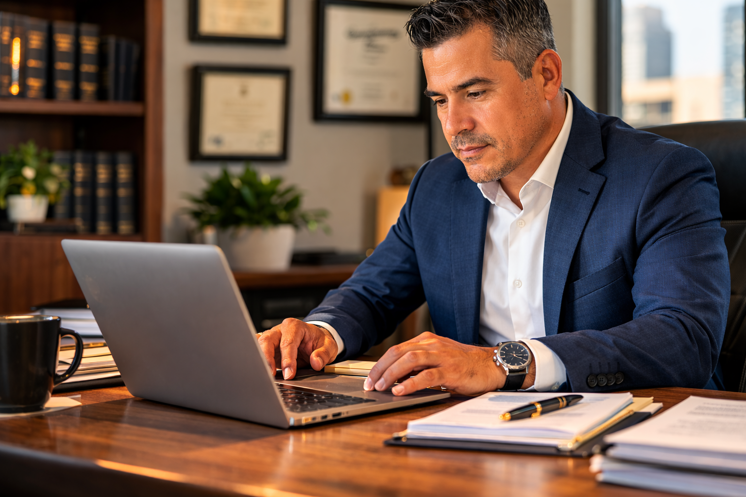 Business meeting with four professionals in a modern office. One woman hands a document to an older man, while others look on. Computer screens display charts and graphs.
