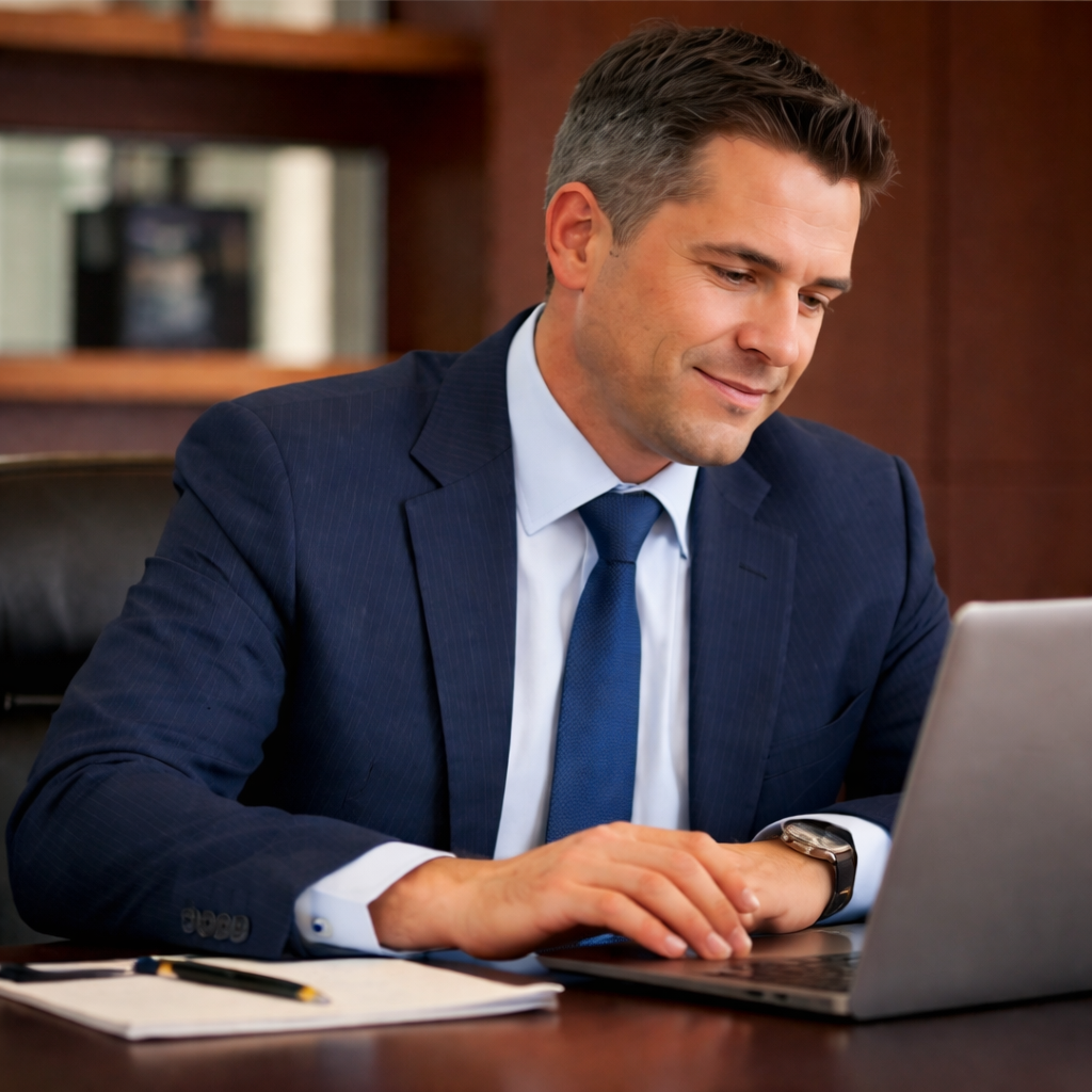 A man in business attire sitting at a desk in an office, smiling while using a calculator and looking at papers.
