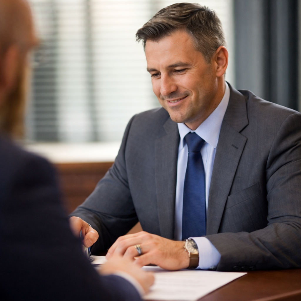 Man in a gray suit using a tablet in front of glass skyscrapers in an urban cityscape
