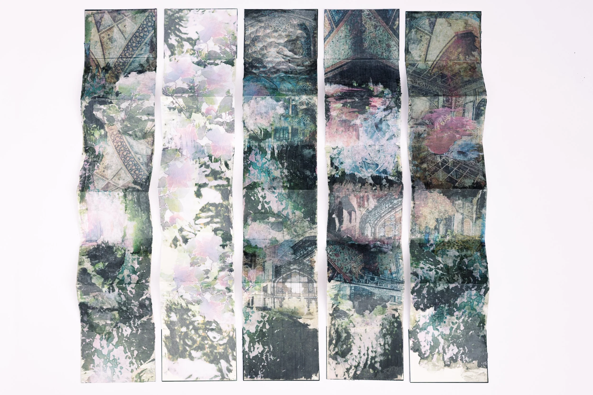 Mixed-media accordion-fold artwork inspired by the January 2026 Rasht massacre, the 2026 Iran–U.S./Israel war, and the destruction of historic Iranian cultural sites.