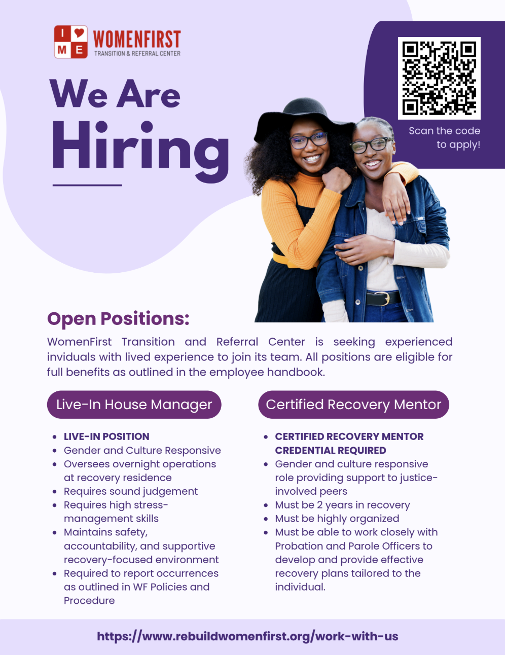 WomenFirst is hiring, flyer posted December 20, 2025  looking for Live-In House Manager and Certified Recovery Mentor