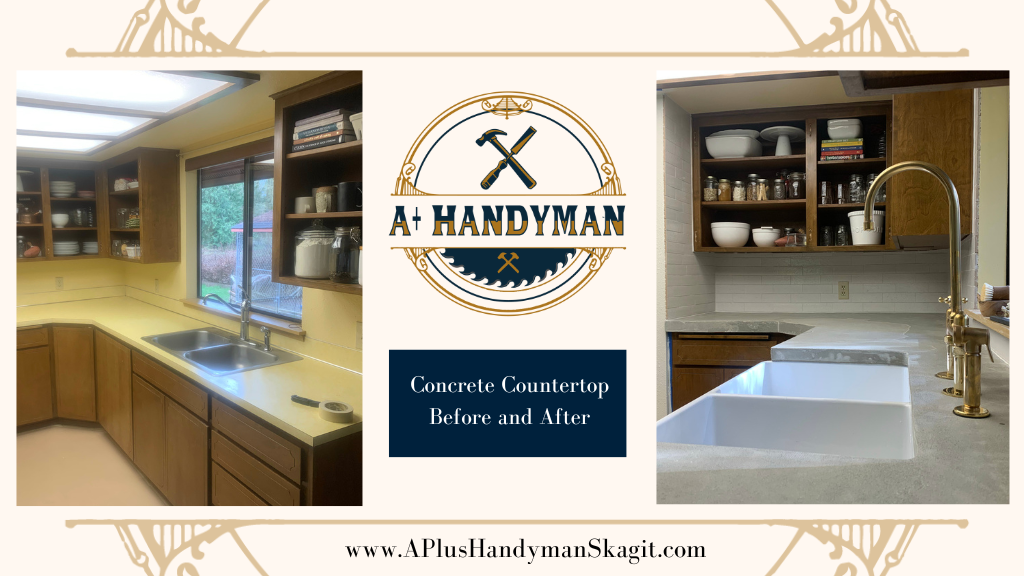 A Plus Handyman offers handyman services in Mount Vernon WA, Skagit county and south to Arlington.

This is a concrete countertop upgrade  before and after. Request a quote on the website to upgrade your space.