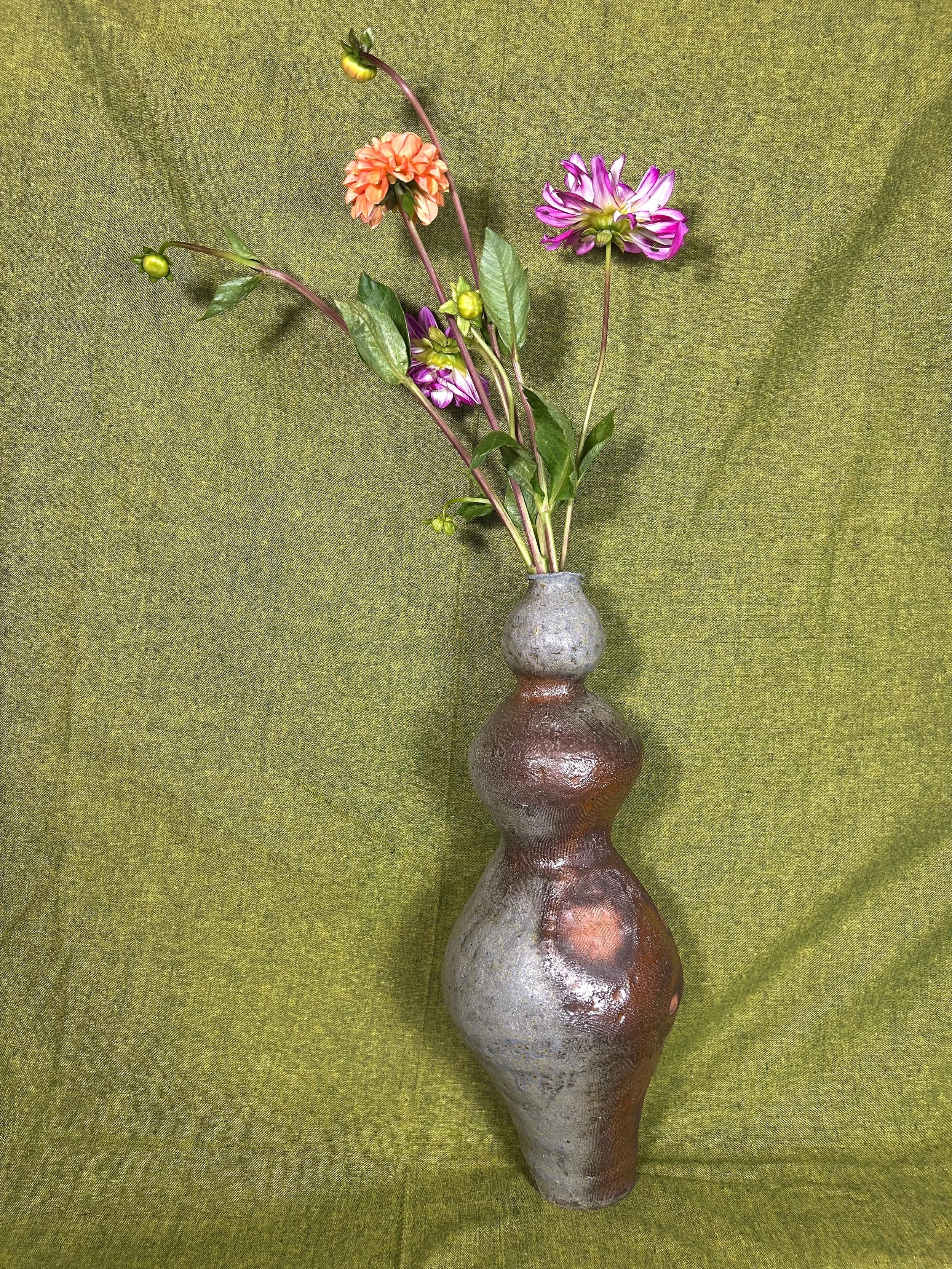 Tall Soda Fired Vase with Flowers