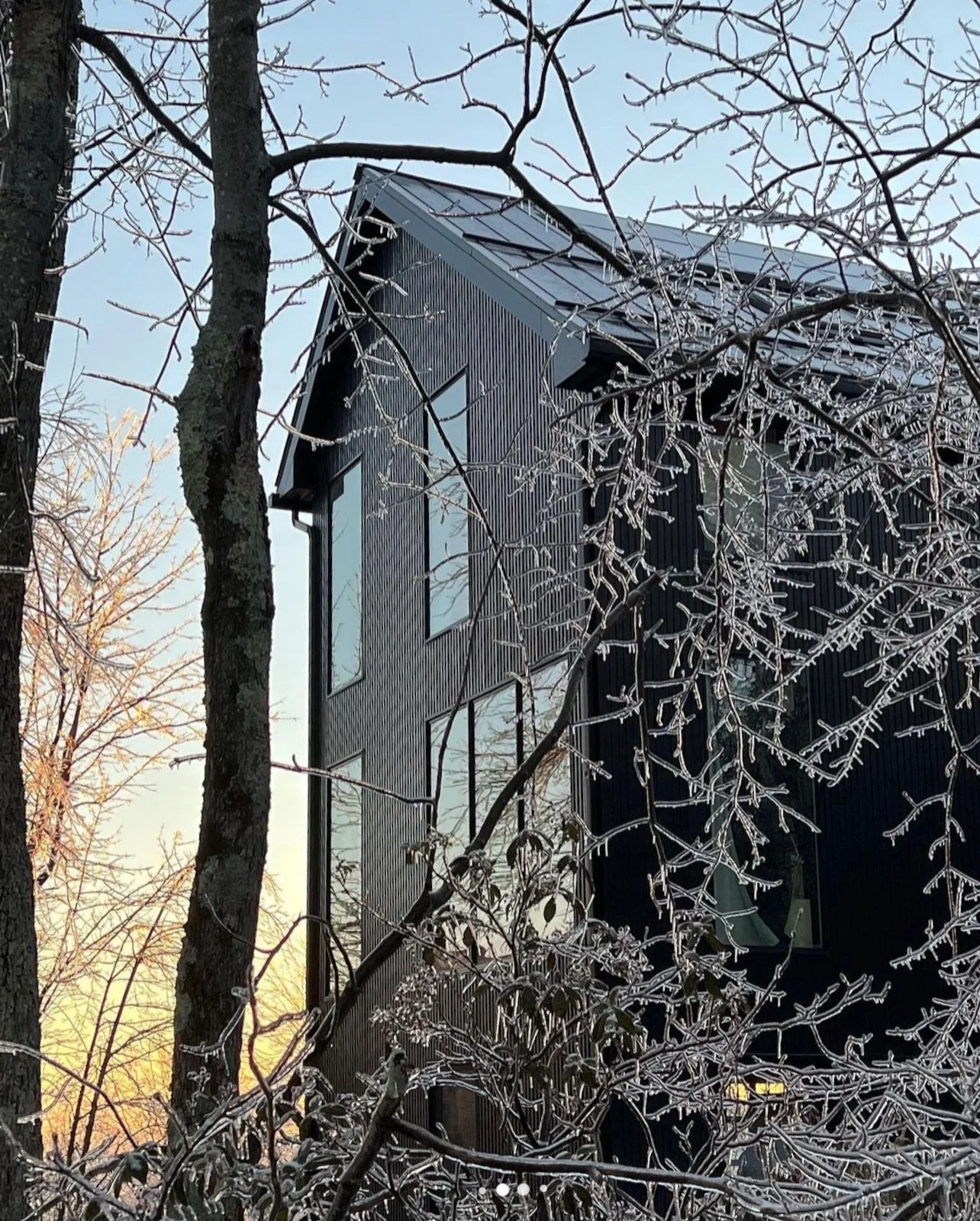 Modern black house with large windows, surrounded by trees with icy branches, in a winter landscape at sunset.