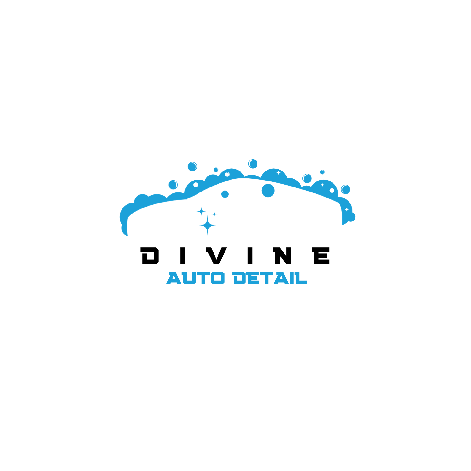 Logo for Divine Auto Detail featuring a stylized black car surrounded by blue soap bubbles, with the text 'DIVINE' in bold black letters and 'AUTO DETAIL' in blue below.