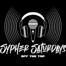 Graphic of headphones and a microphone with sound waves, with text reading 'GYPHER SATURDAYS OFF THE TOP'.