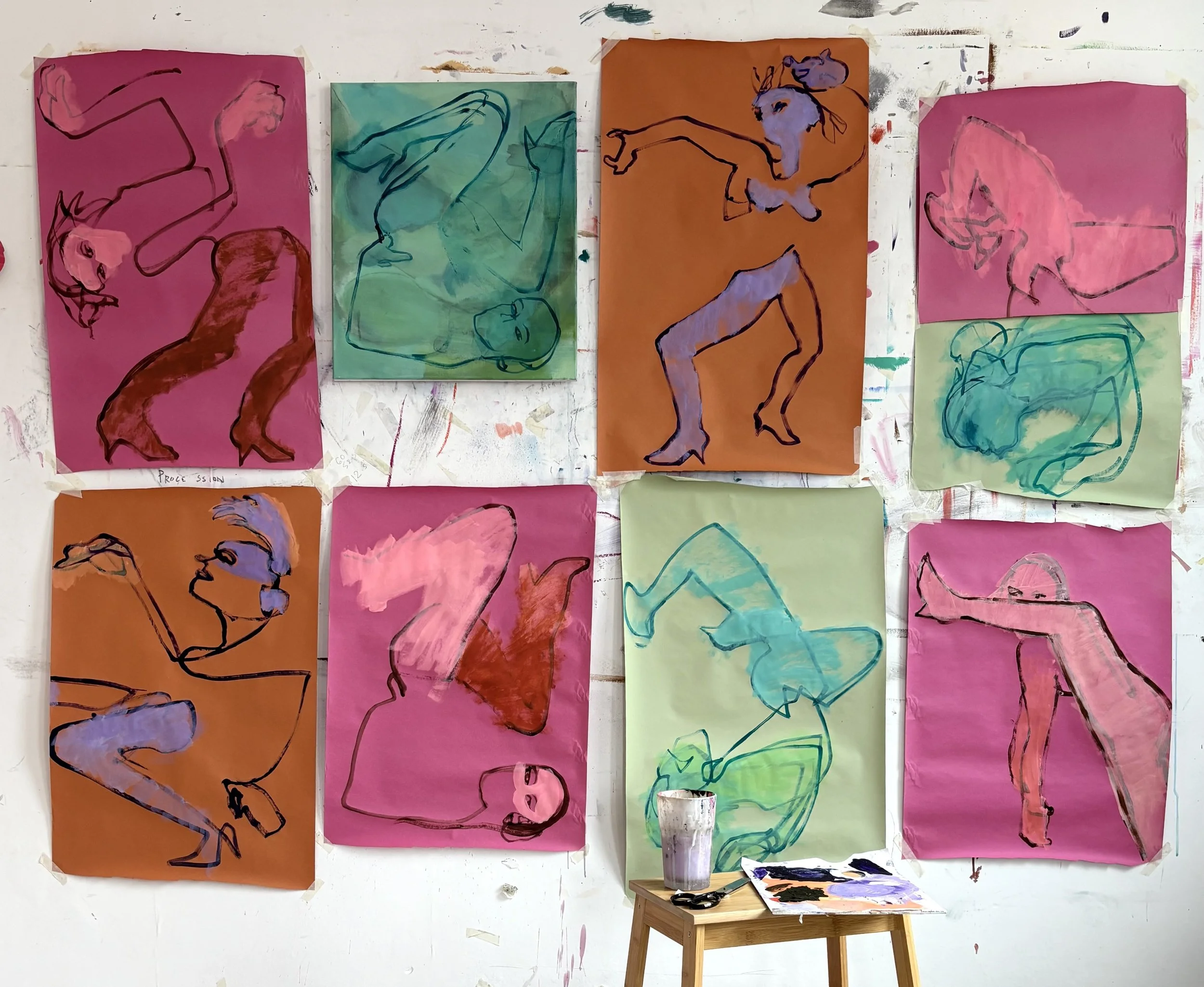  Studio View of gouache drawings 
 gouache on paper and canvas 
 2026
 