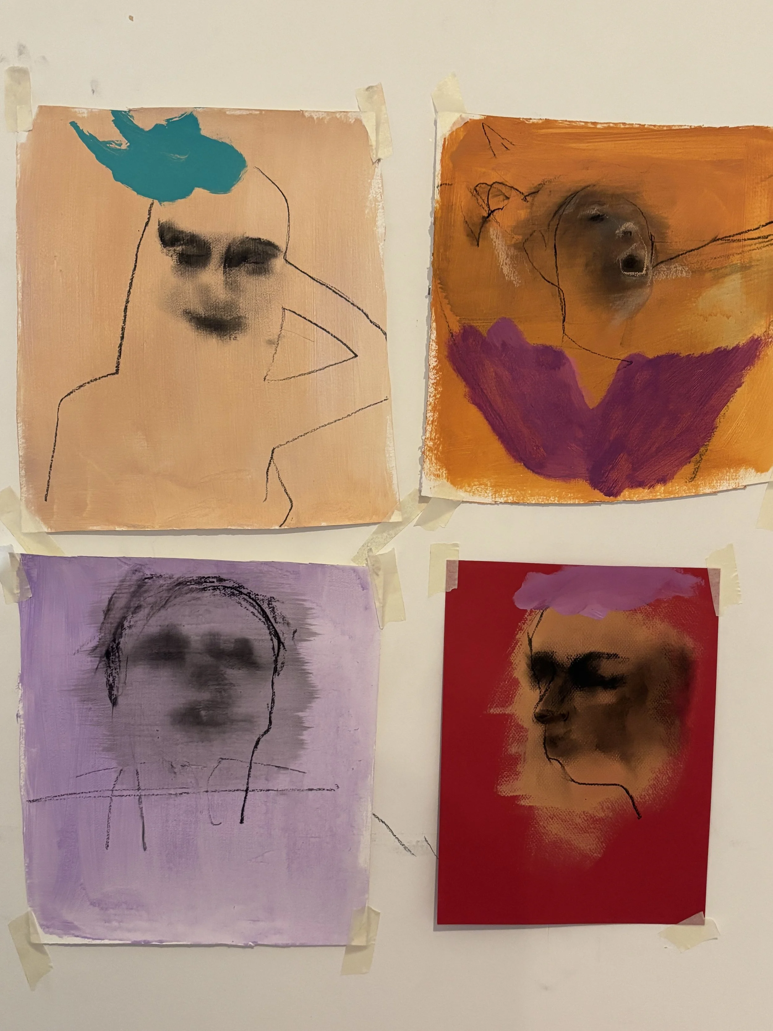  Head Studies 
 various mixed media on paper 
 2025
 