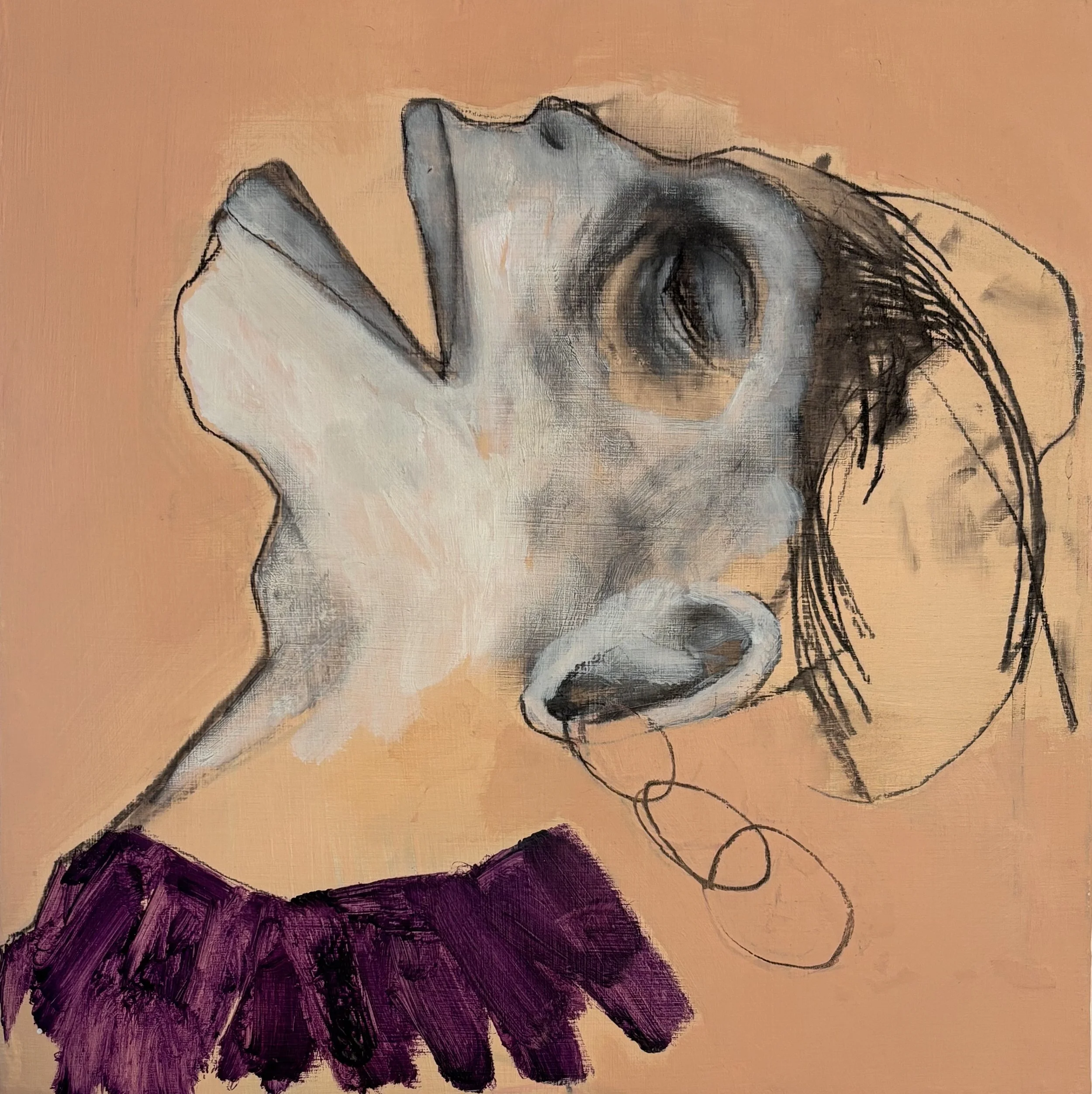  Head, Receiving 
 40cm x 40cm, acrylic, charcoal on panel 
 2025
 